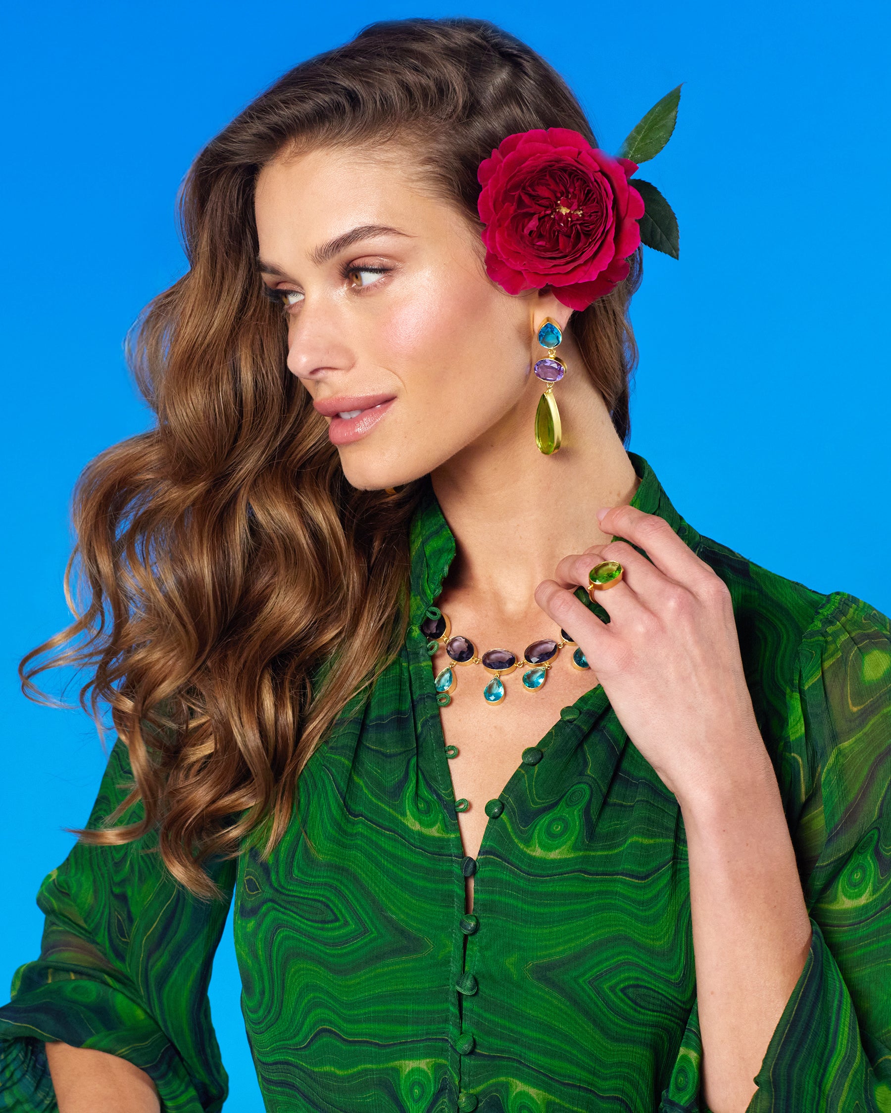 Ravenna Statement Drop Earrings in Jewel Tones worn with the Blythe Maxi Crinkle Chiffon Dress in Malachite