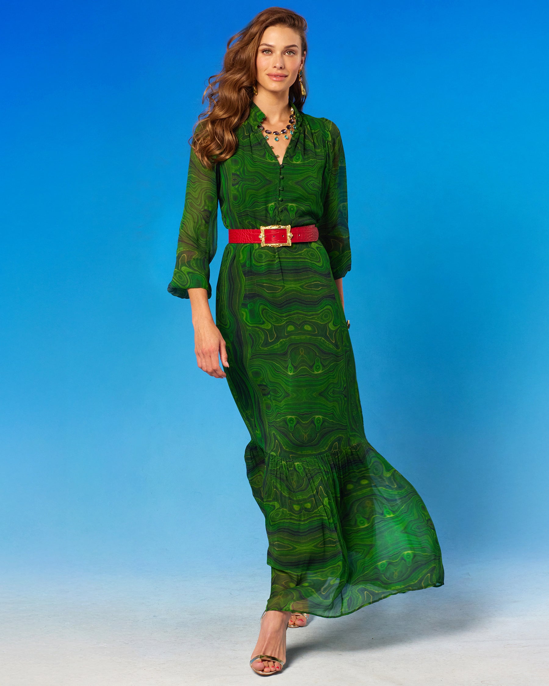 Blythe Maxi Crinkle Chiffon Dress in Malachite full length walking