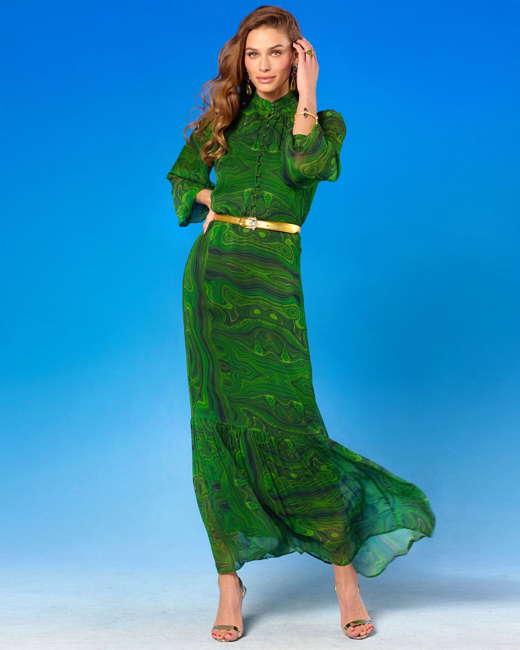 Blythe Maxi Crinkle Chiffon Dress in Malachite front view