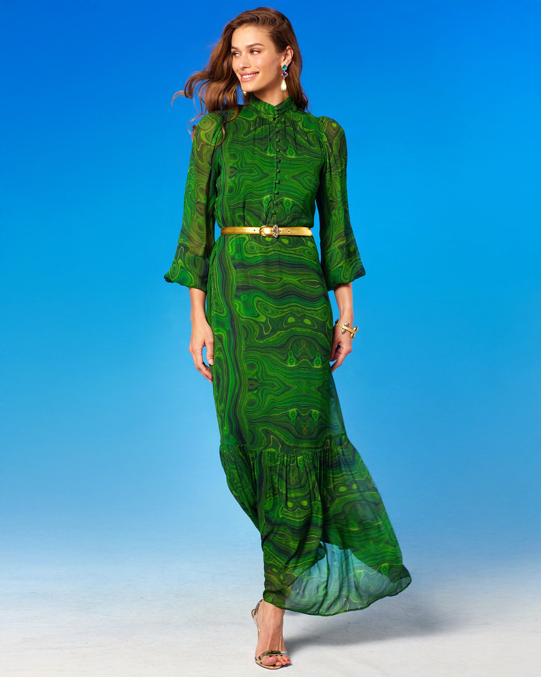 Blythe Maxi Crinkle Chiffon Dress in Malachite front view