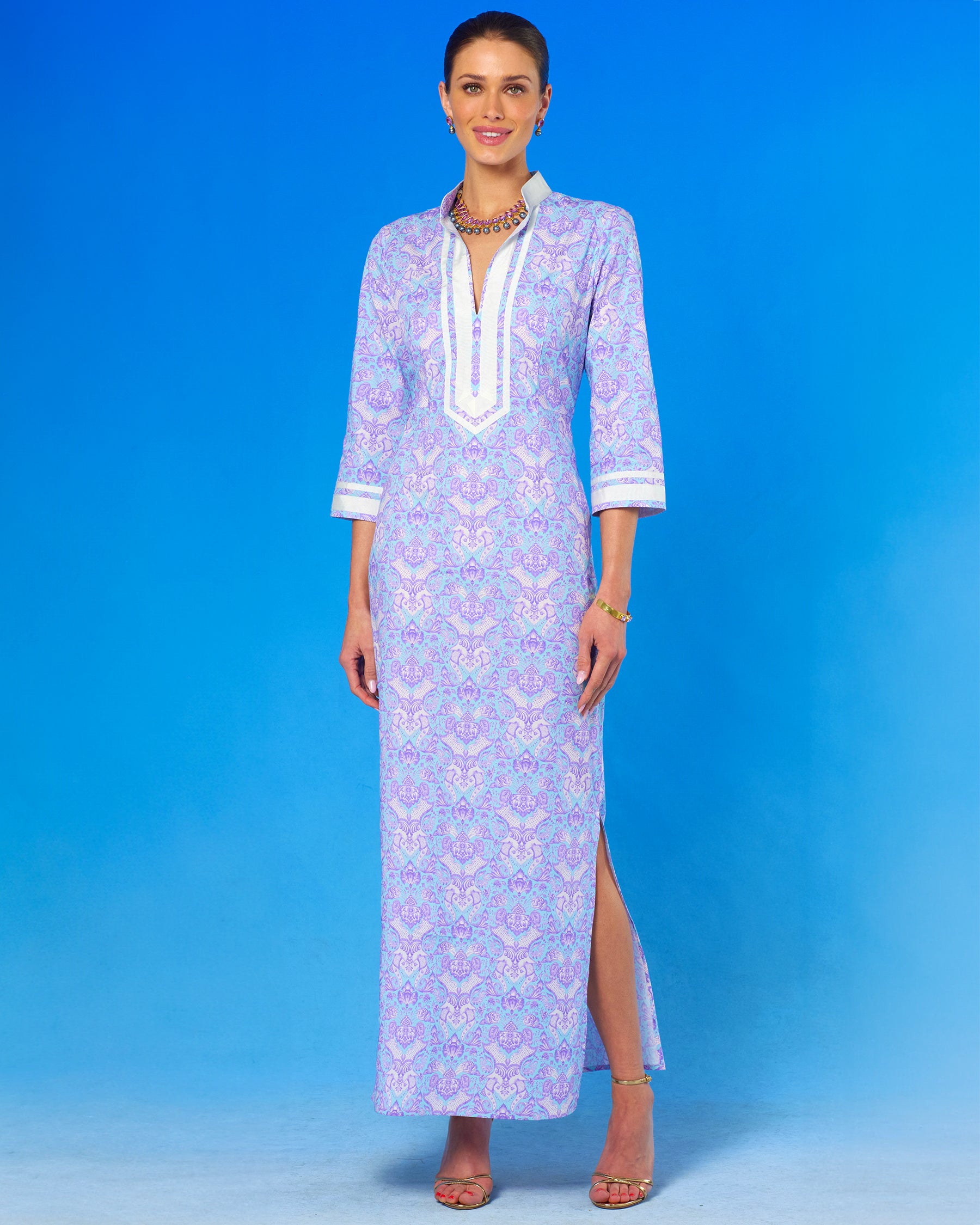 Capri Long Tunic Dress in Shalimar Purple on Robin Egg Blue-Front View