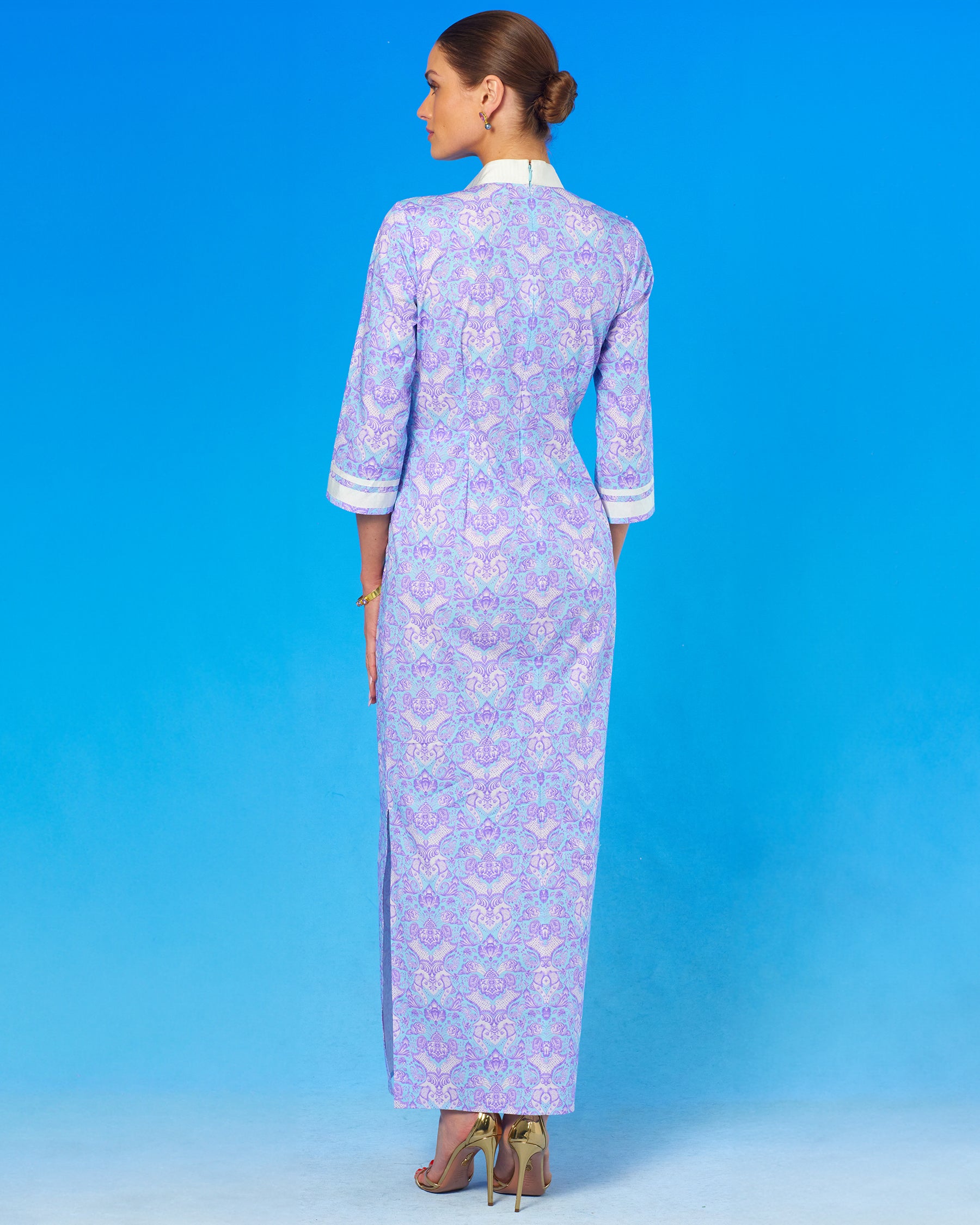 Capri Long Tunic Dress in Shalimar Purple on Robin Egg Blue-Back view