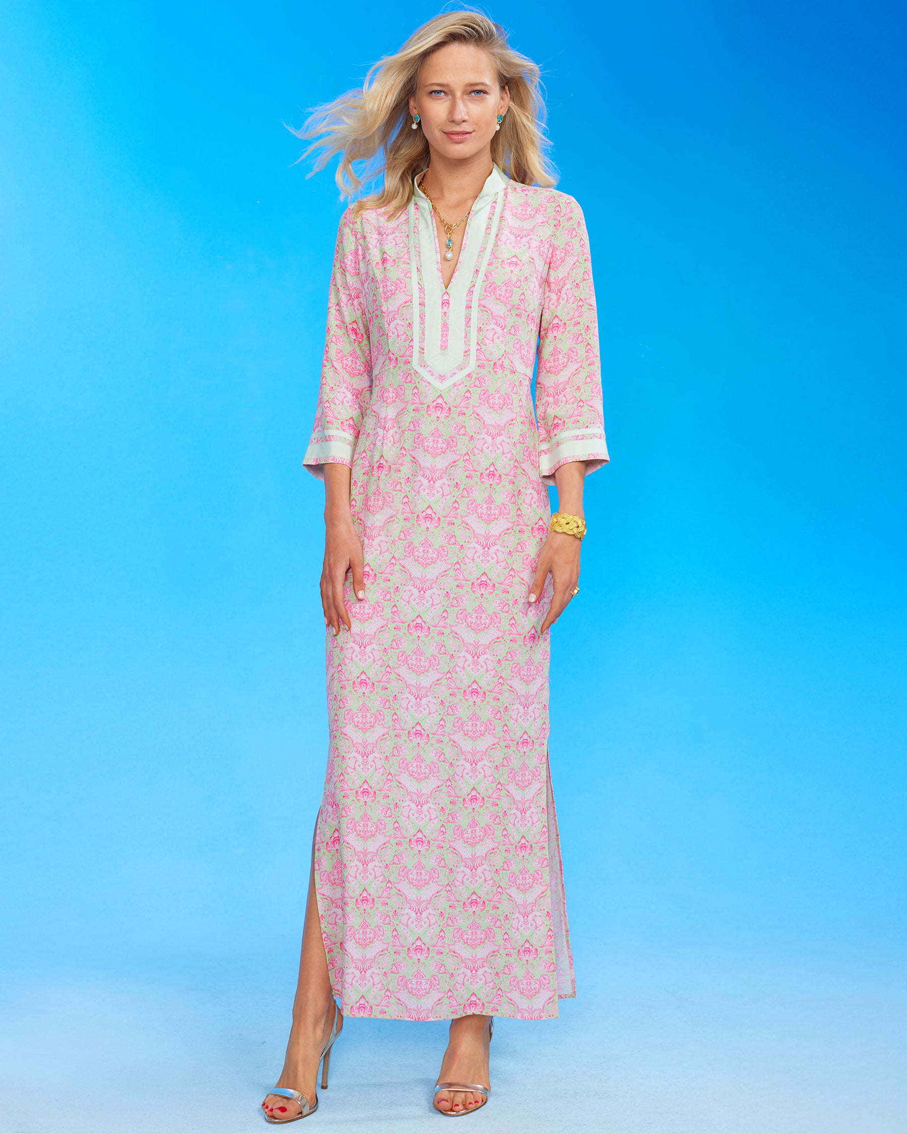 Capri Long Tunic Dress in Shalimar Mint and Pink front view