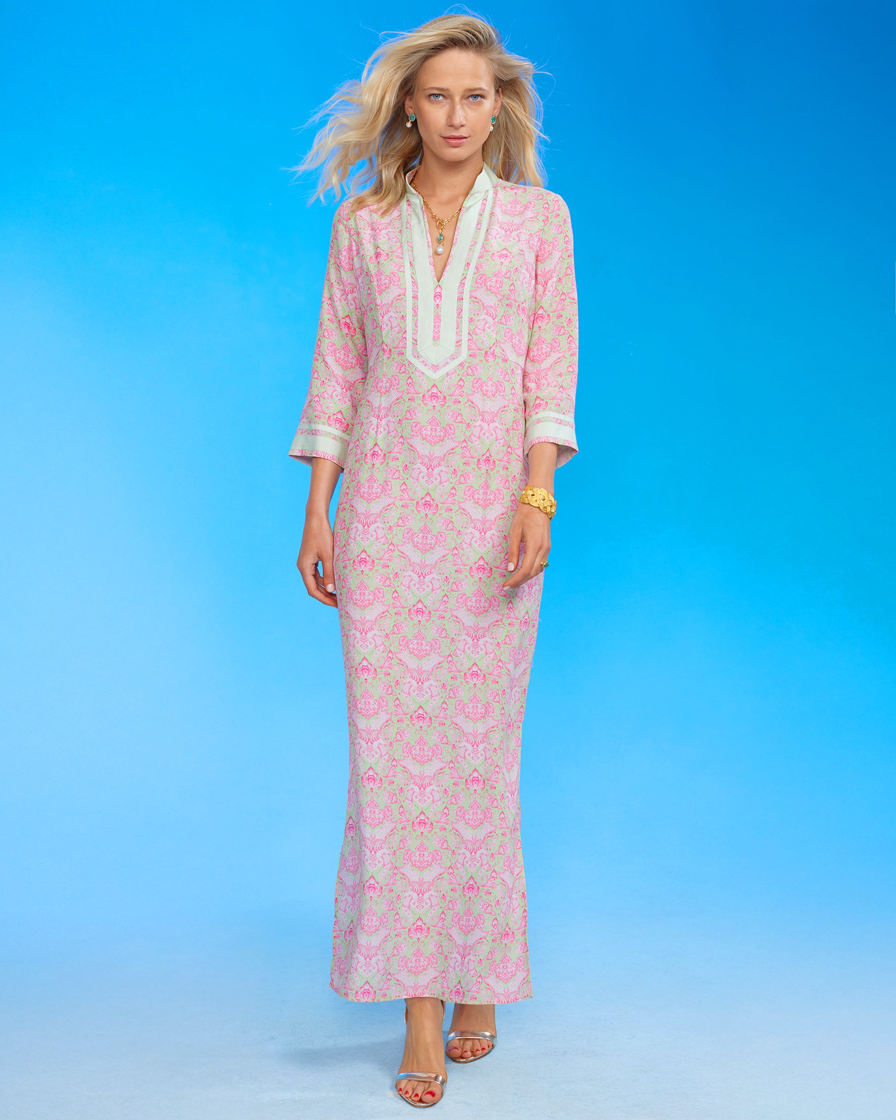 Capri Long Tunic Dress in Shalimar Mint and Pink front view