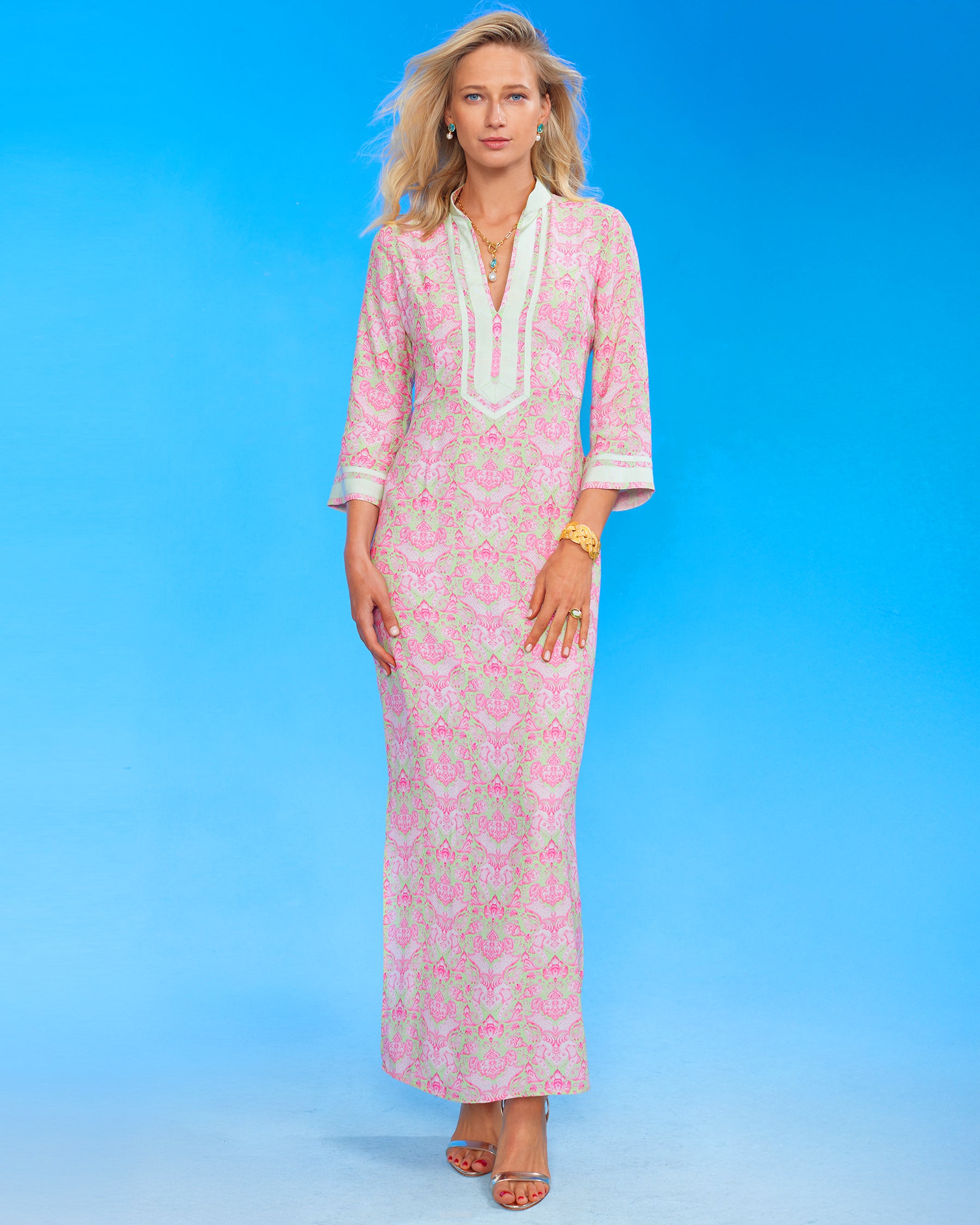 Capri Long Tunic Dress in Shalimar Mint and Pink front view