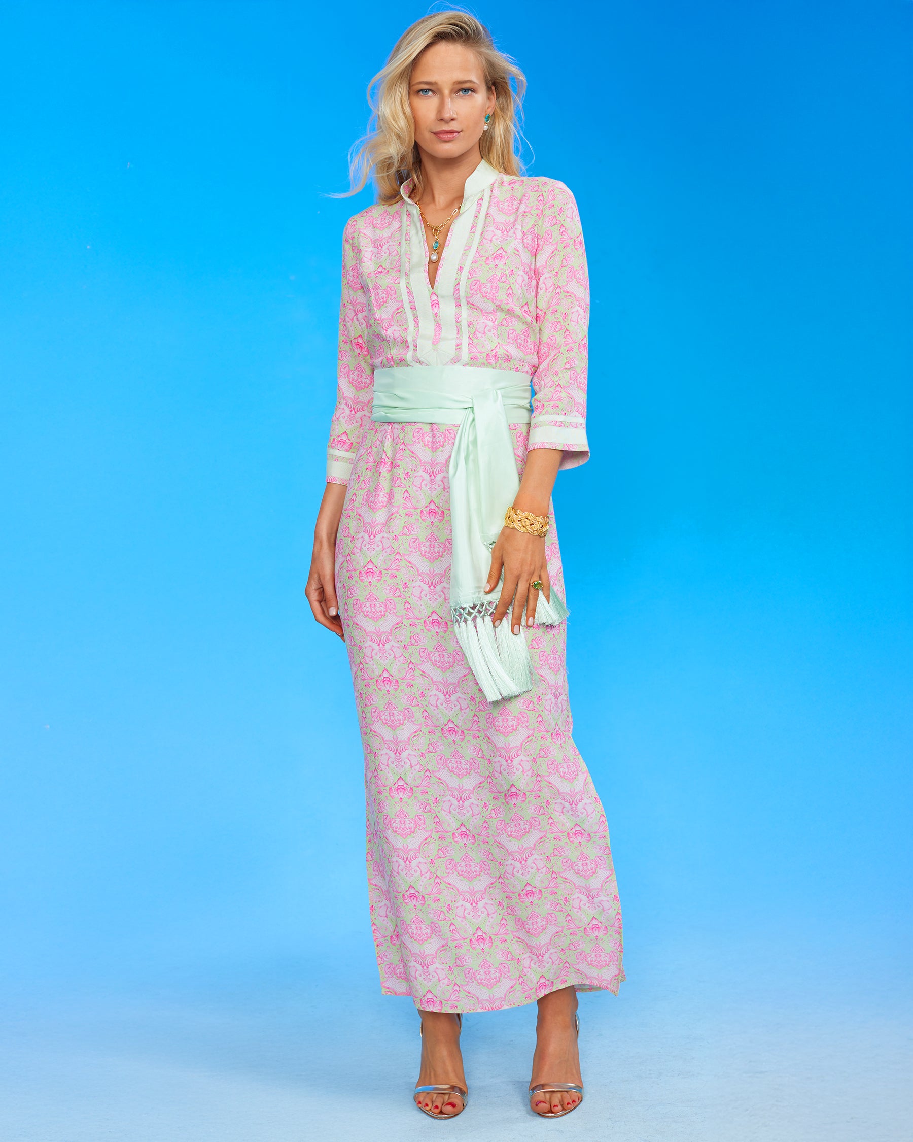 Capri Long Tunic Dress in Shalimar Mint and Pink and Cosima Sash Belt in Mint Julep Green front view