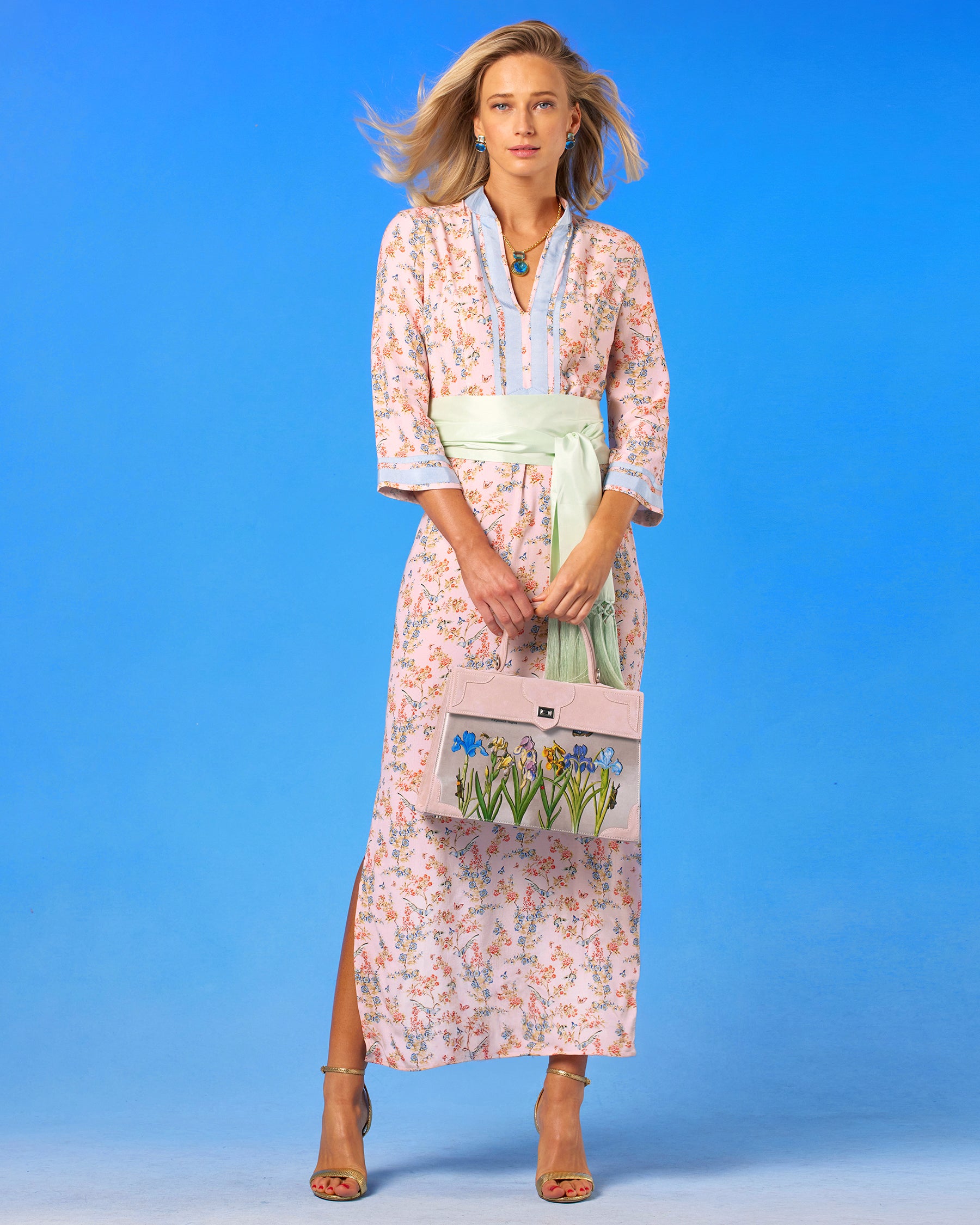 Marquise Paris Marquise Les Iris Top Handle Shoulder Bag in Pastel Pink worn with the Capri Long Tunic Dress in Delicate Blue Blossoms on Blush Pink