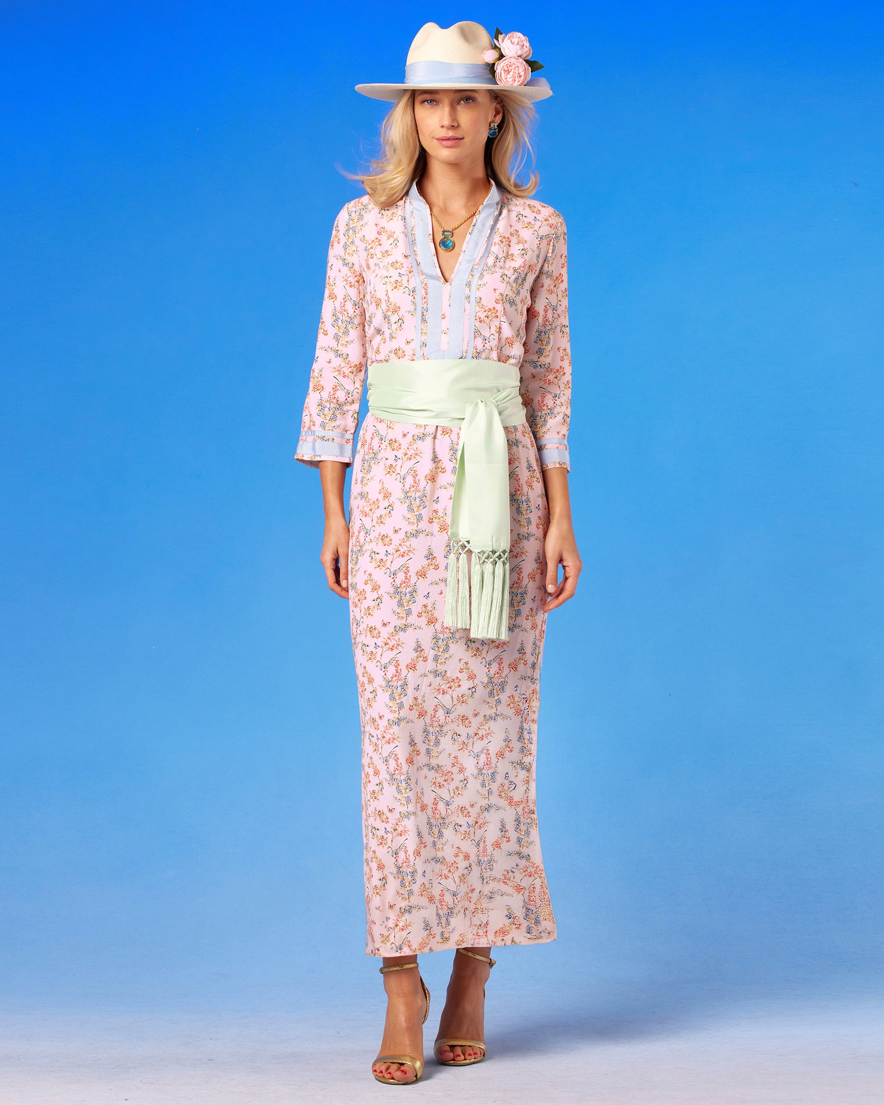 Pippa Panama Straw Hat worn with the Capri Long Tunic Dress in Delicate Blue Blossoms on Blush Pink