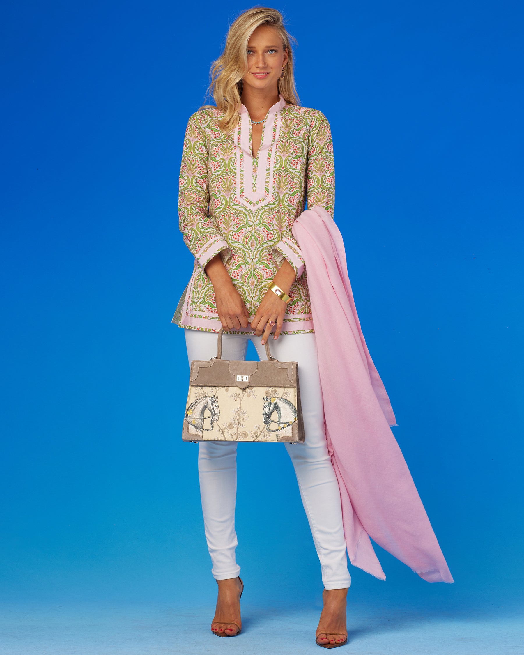 Josephine Pashmina Shawl in Blush Pink-Worn with Capri Tunic