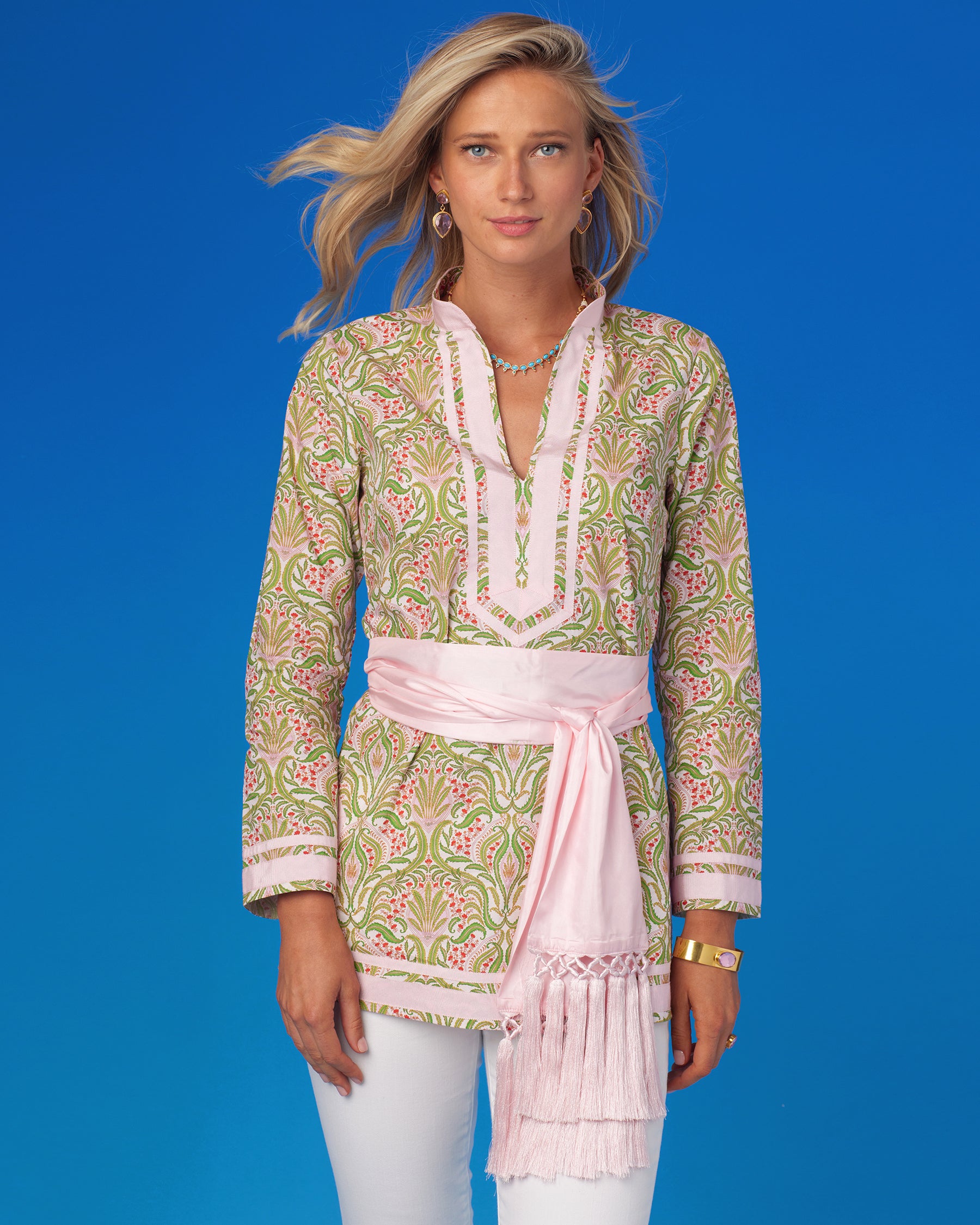 Cosima Sash Belt in Blush Pink-Worn with the Capri Tunic in Delcate Ferns Print