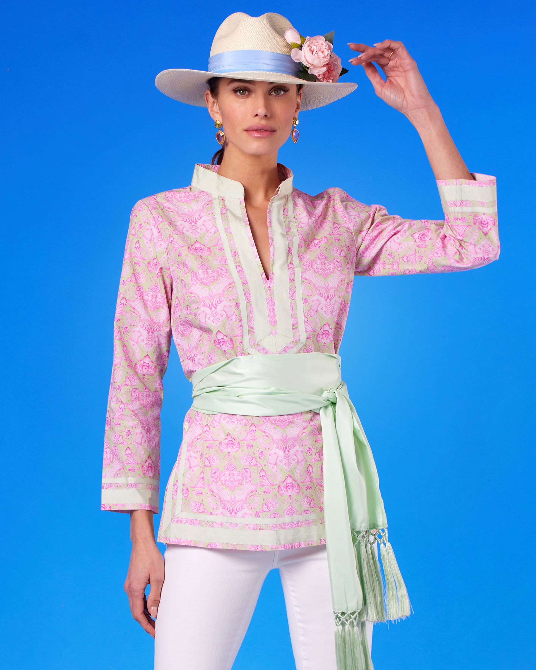 Capri Tunic in Shalimar Mint and Pink closeup view