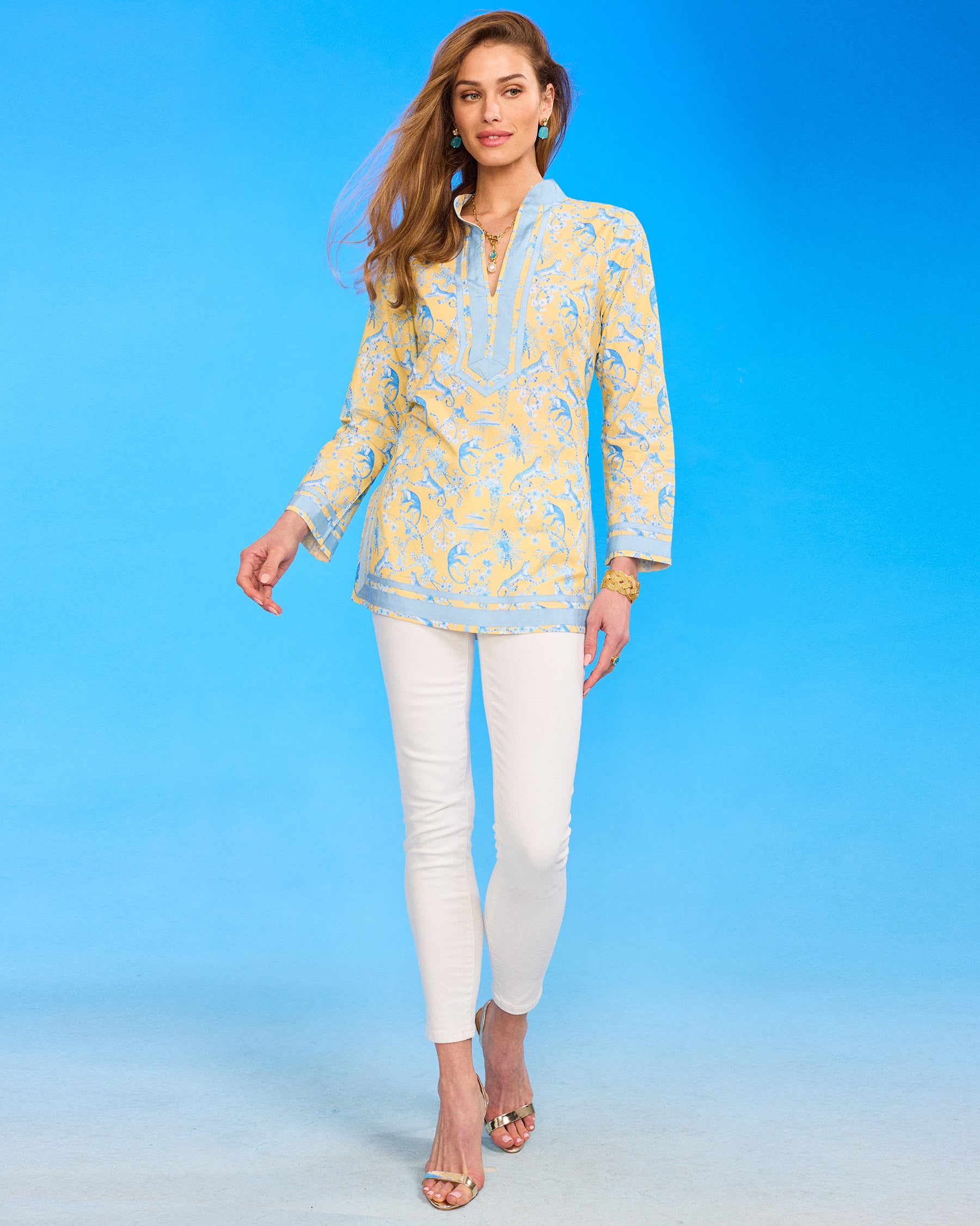 Capri Tunic in Whimsical Jungle Toile Blue and Soft Yellow full length walking