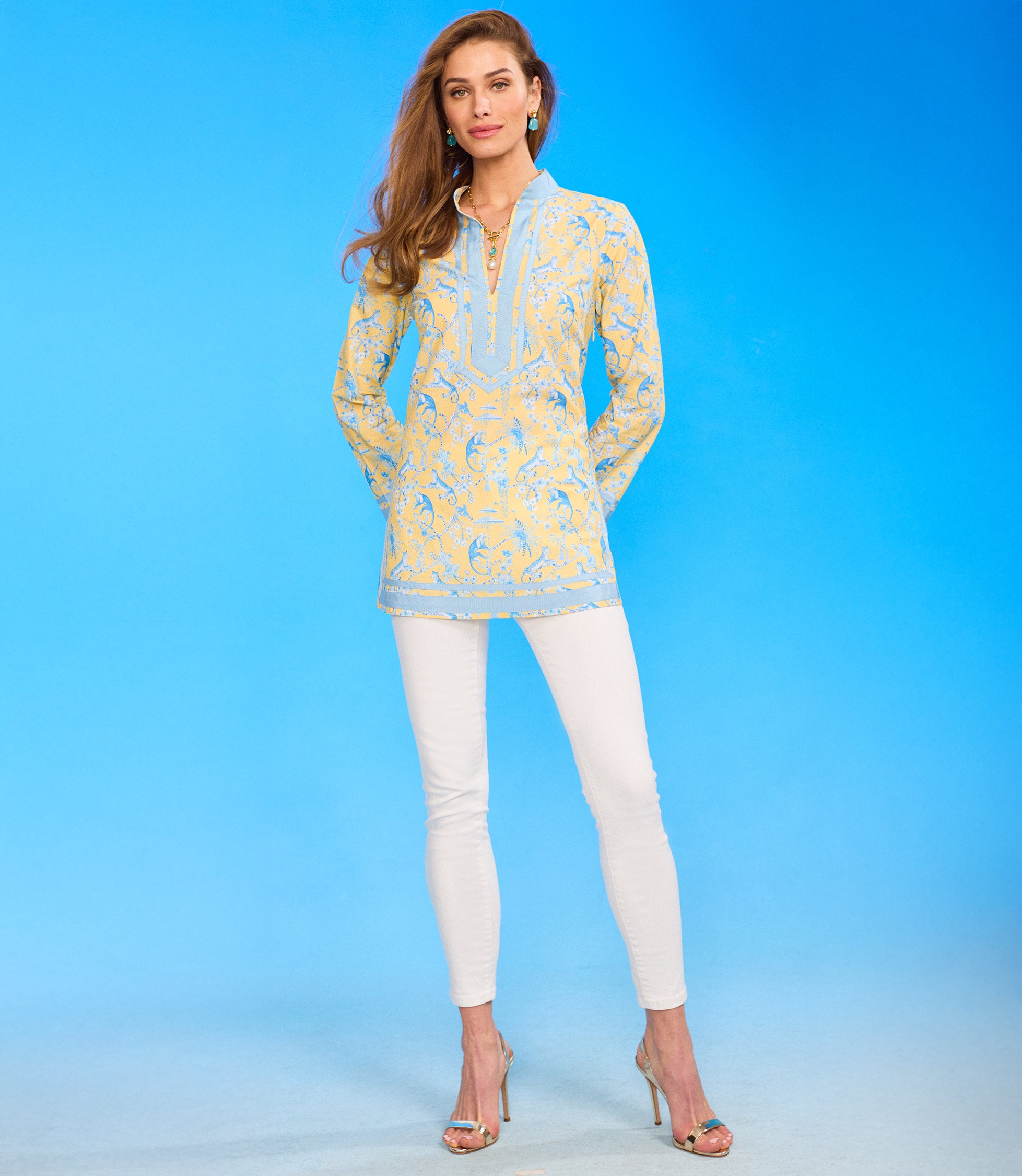 Capri Tunic in Whimsical Jungle Toile Blue and Soft Yellow full length