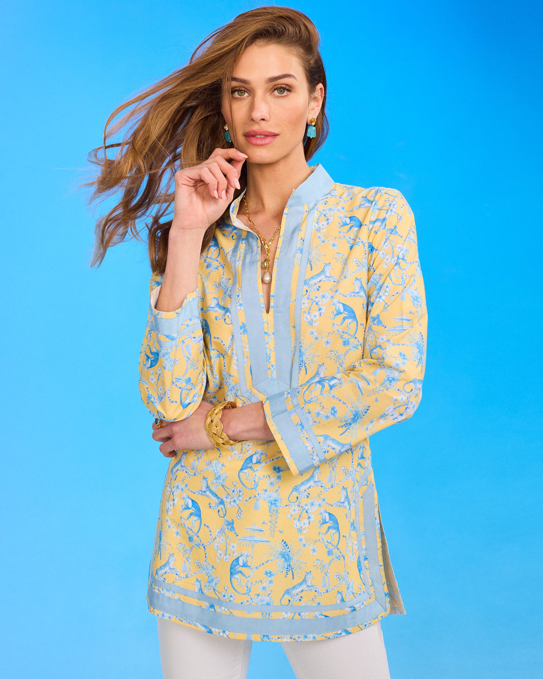 Capri Tunic in Whimsical Jungle Toile Blue and Soft Yellow