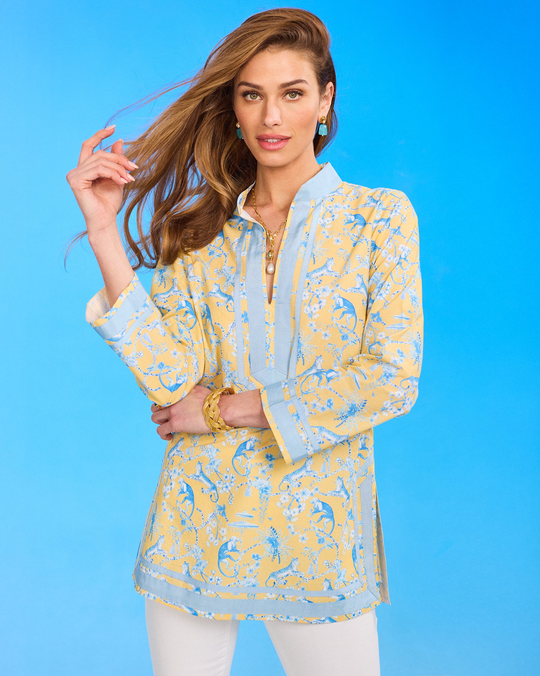 Capri Tunic in Whimsical Jungle Toile Blue and Soft Yellow