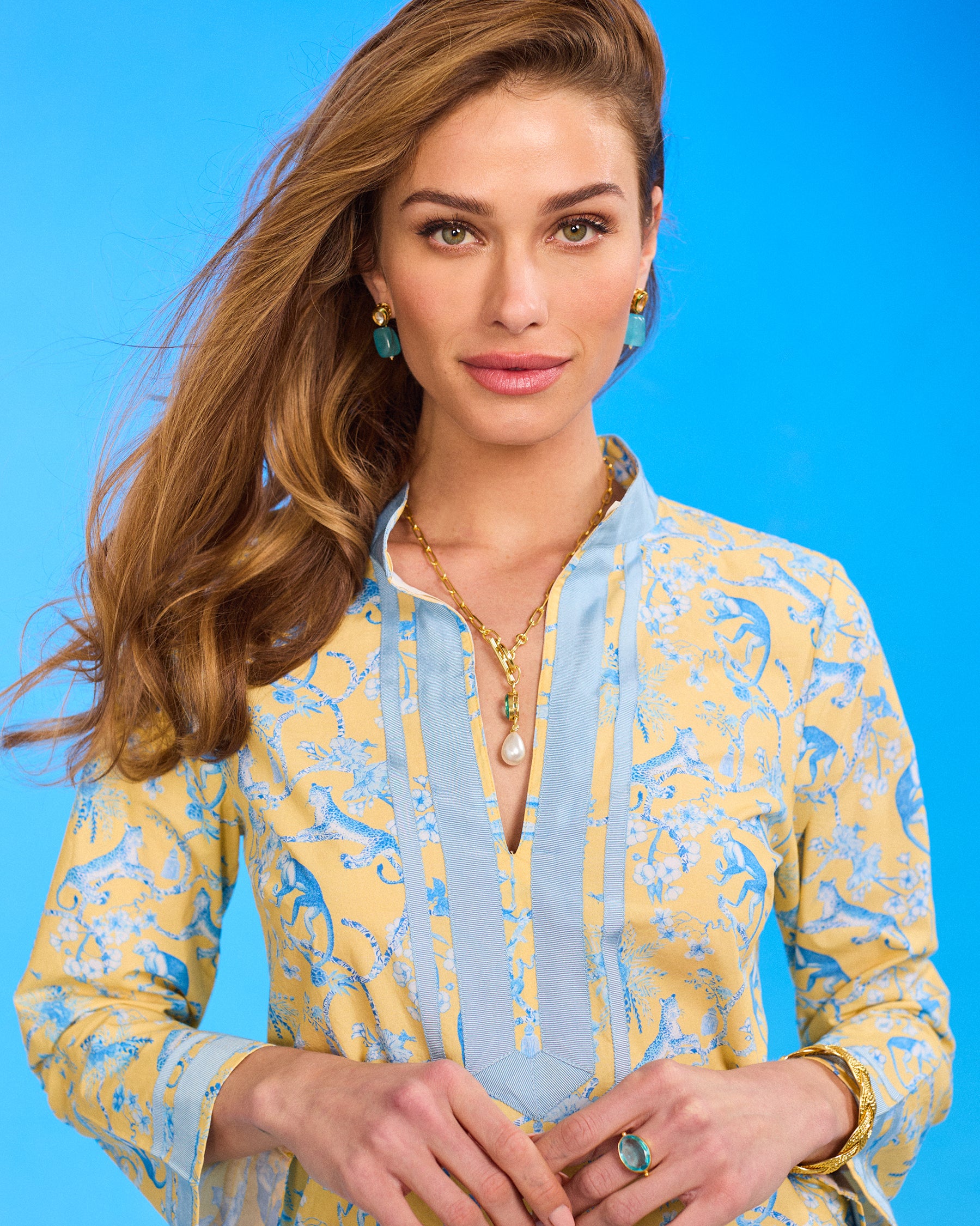 Capri Tunic in Whimsical Jungle Toile Blue and Soft Yellow portrit