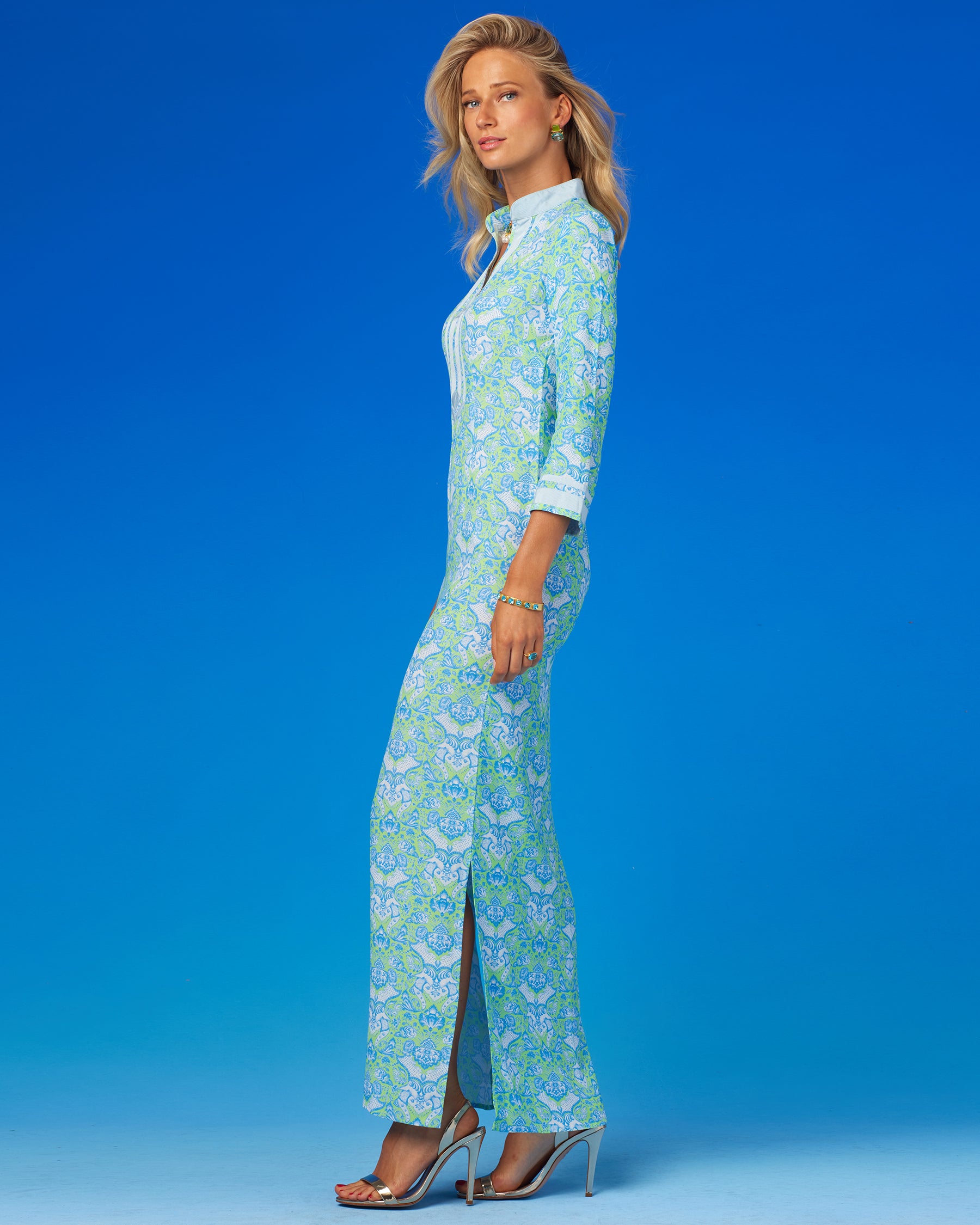 Capri Long Tunic Dress in Shalimar Turquoise on Mint Julep-Side View
