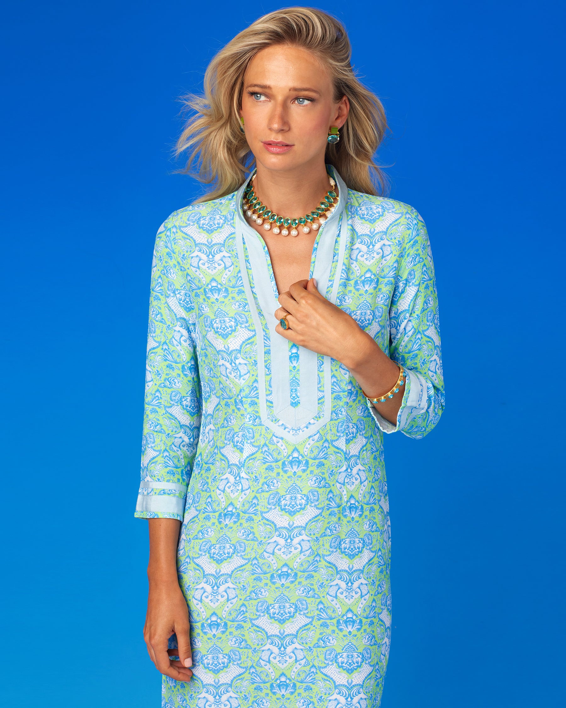 Capri Long Tunic Dress in Shalimar Turquoise on Mint Julep-Portrait