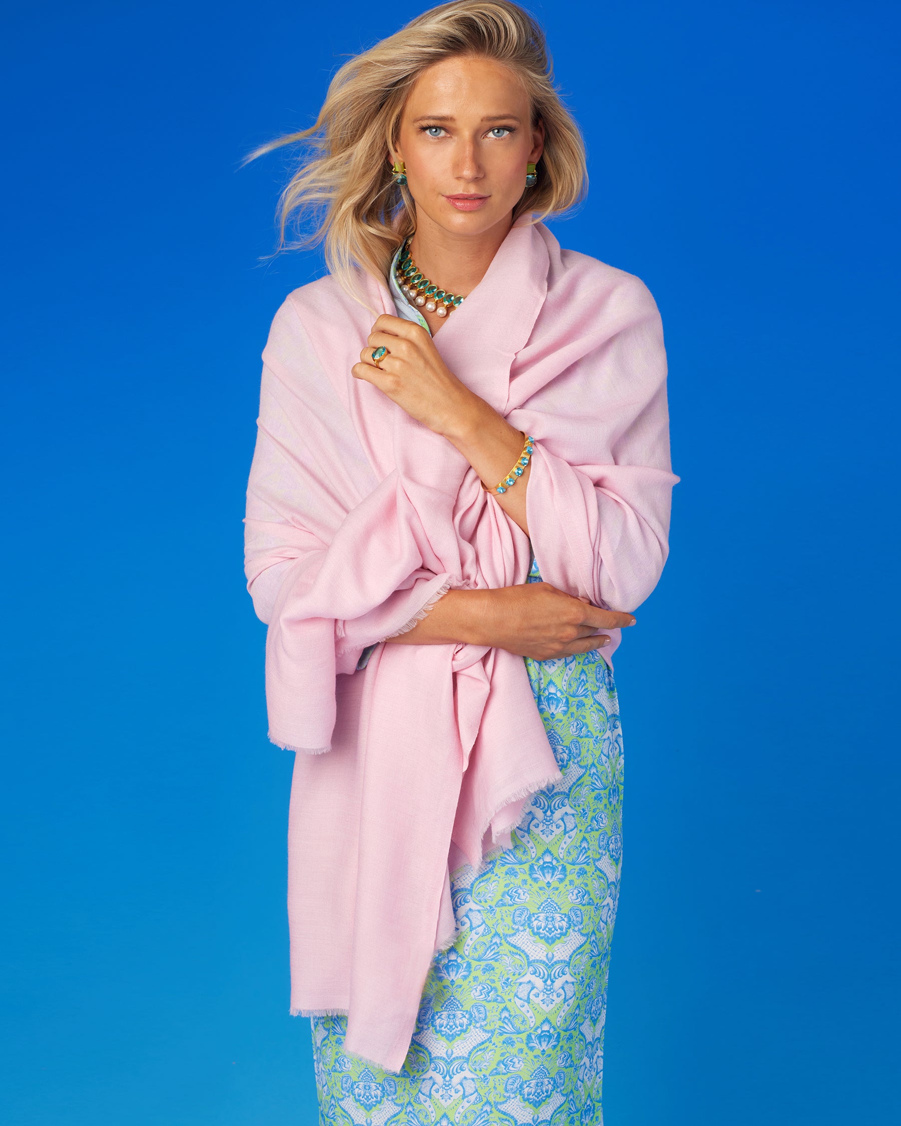 Capri Long Tunic Dress in Shalimar Turquoise on Mint Julep-Worn with the Josephine Pashmina Shawl