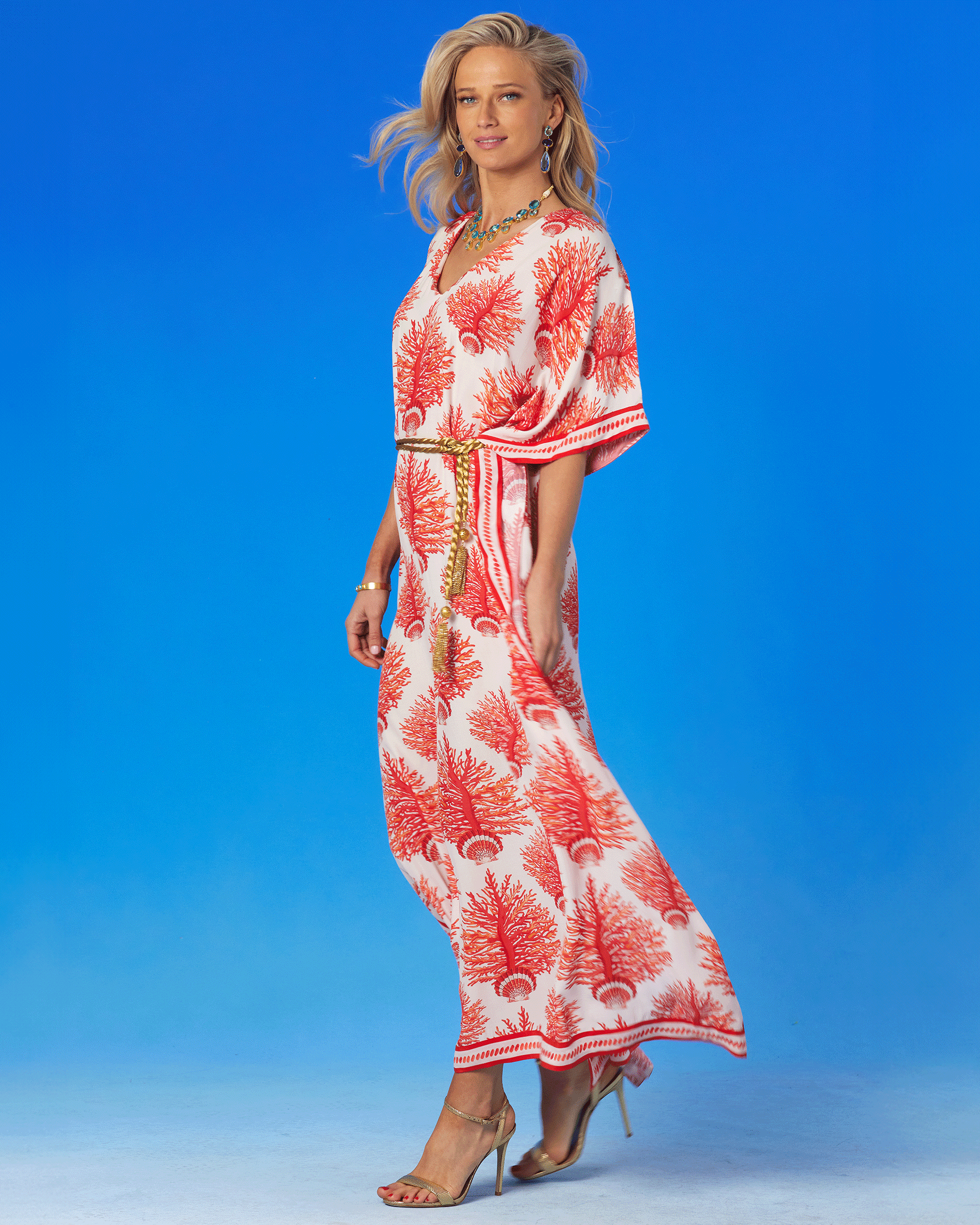 Artemis Rope Belt in Gold Beading worn to cinch the Carolina Kaftan in Red Coral and Seashell Motif