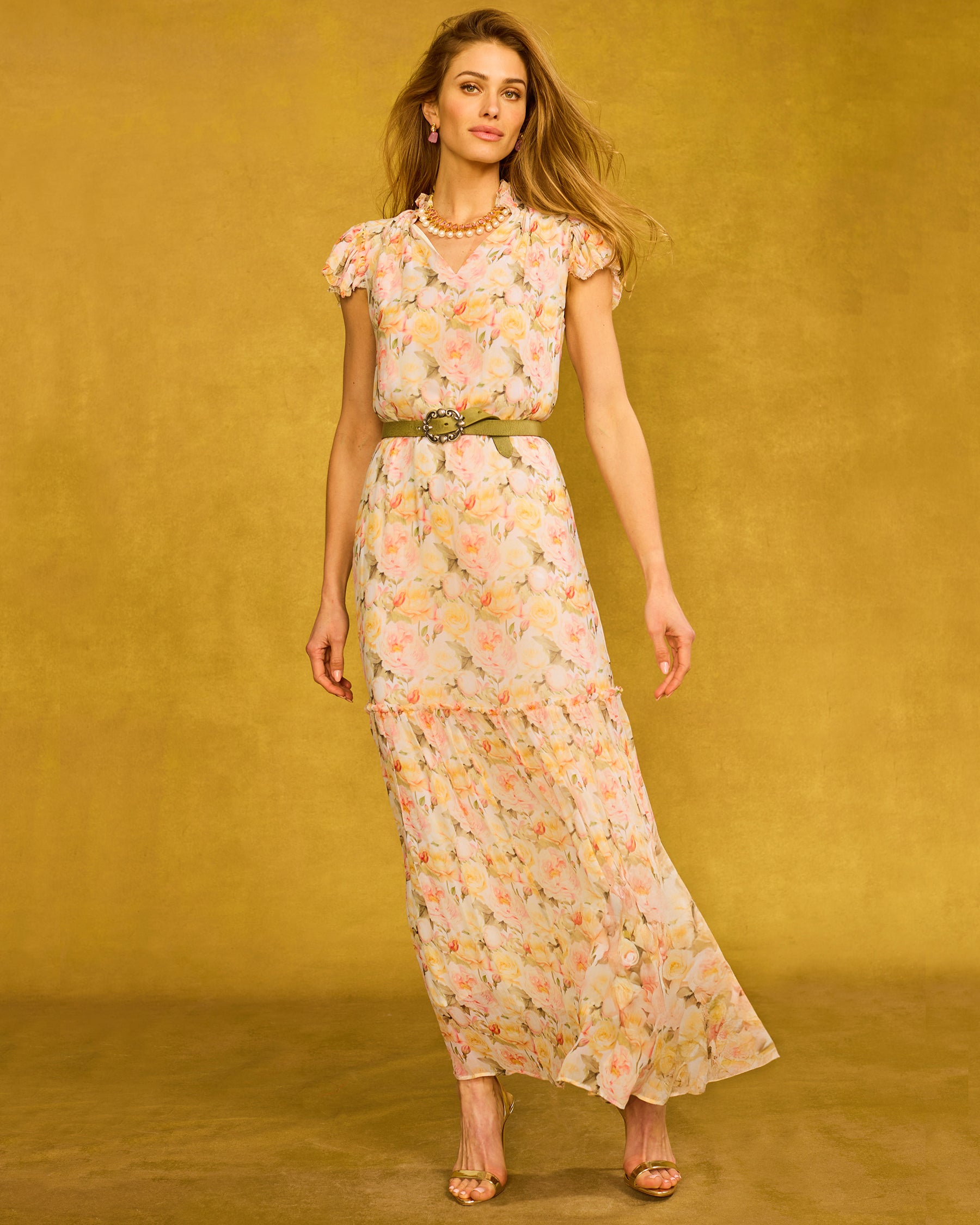 Caroline Flutter Sleeve Crinkle Chiffon Maxi Dress in Pastel Roses front view