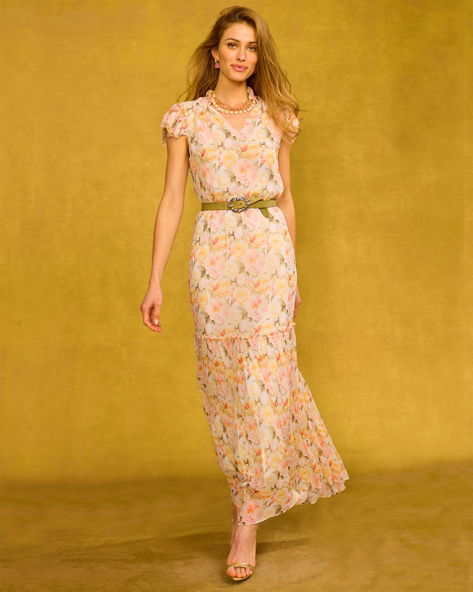 Caroline Flutter Sleeve Crinkle Chiffon Maxi Dress in Pastel Roses walking view