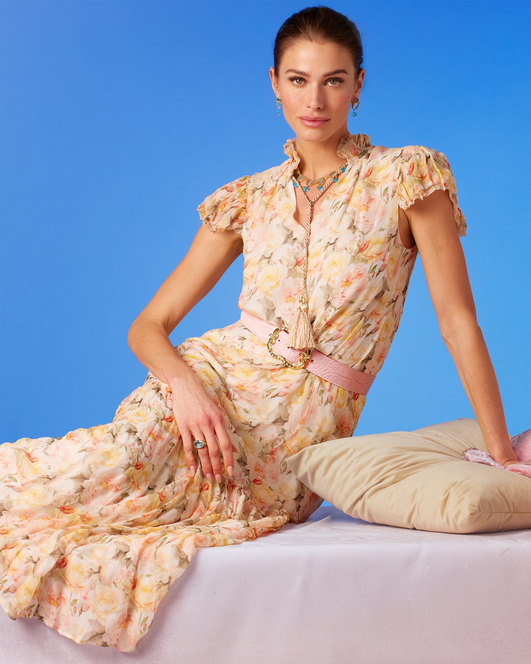 Caroline Flutter Sleeve Crinkle Chiffon Maxi Dress in Pastel Roses