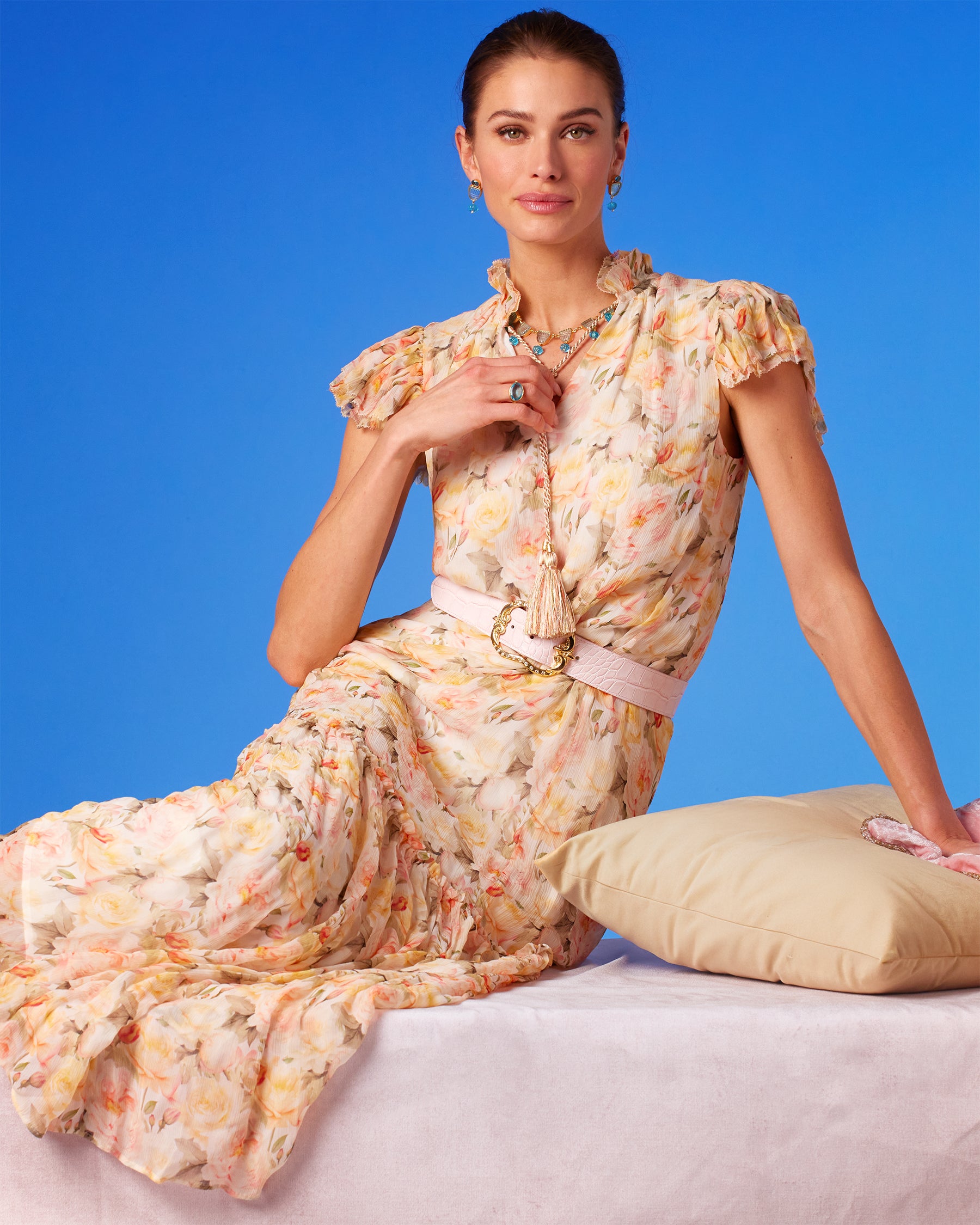 Caroline Flutter Sleeve Crinkle Chiffon Maxi Dress in Pastel Roses sitting