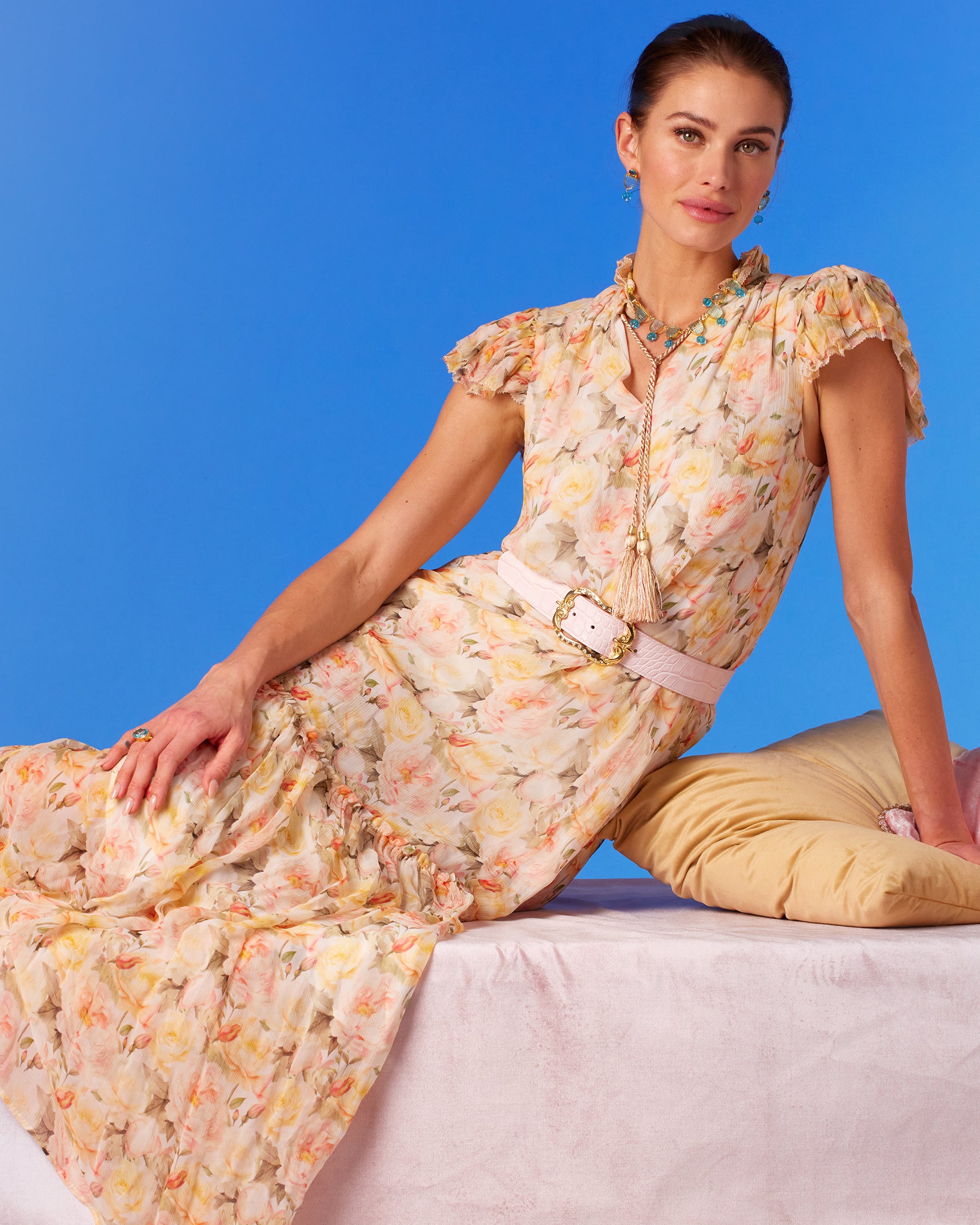 Caroline Flutter Sleeve Crinkle Chiffon Maxi Dress in Pastel Roses sitting