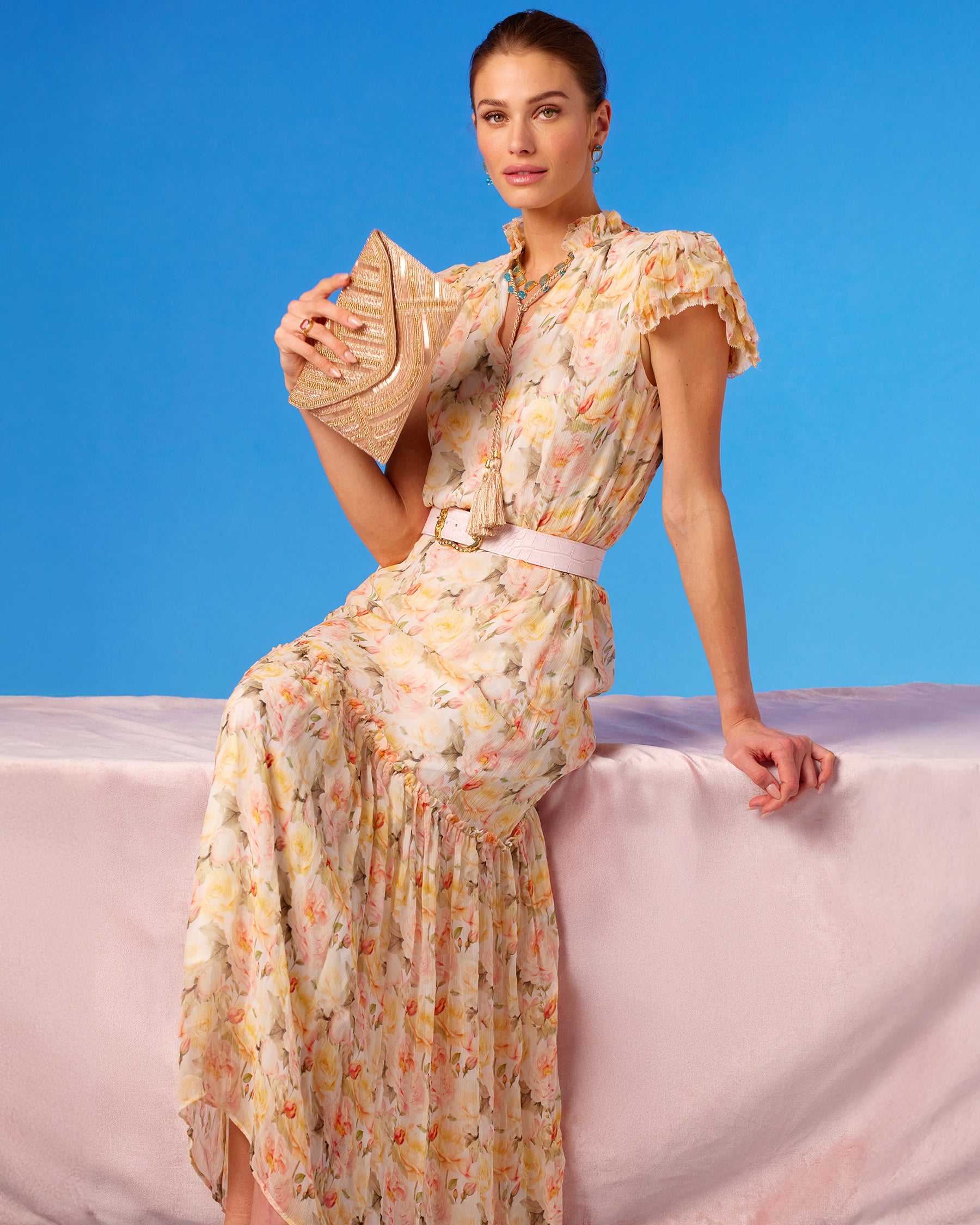 Betty Clutch in Beaded Apricot Pink with the Caroline Flutter Sleeve Crinkle Chiffon Maxi Dress in Pastel Roses