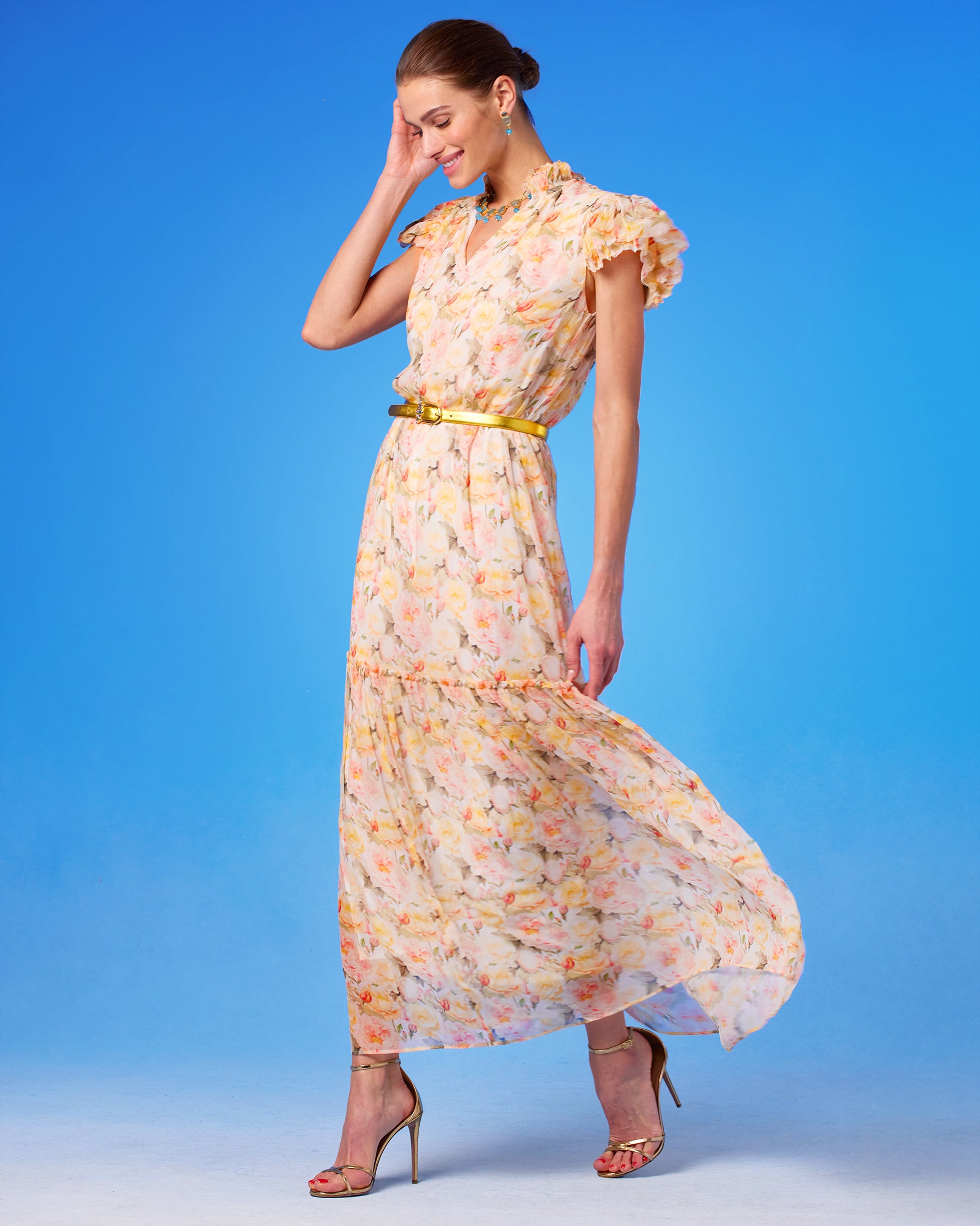 Caroline Flutter Sleeve Crinkle Chiffon Maxi Dress in Pastel Roses