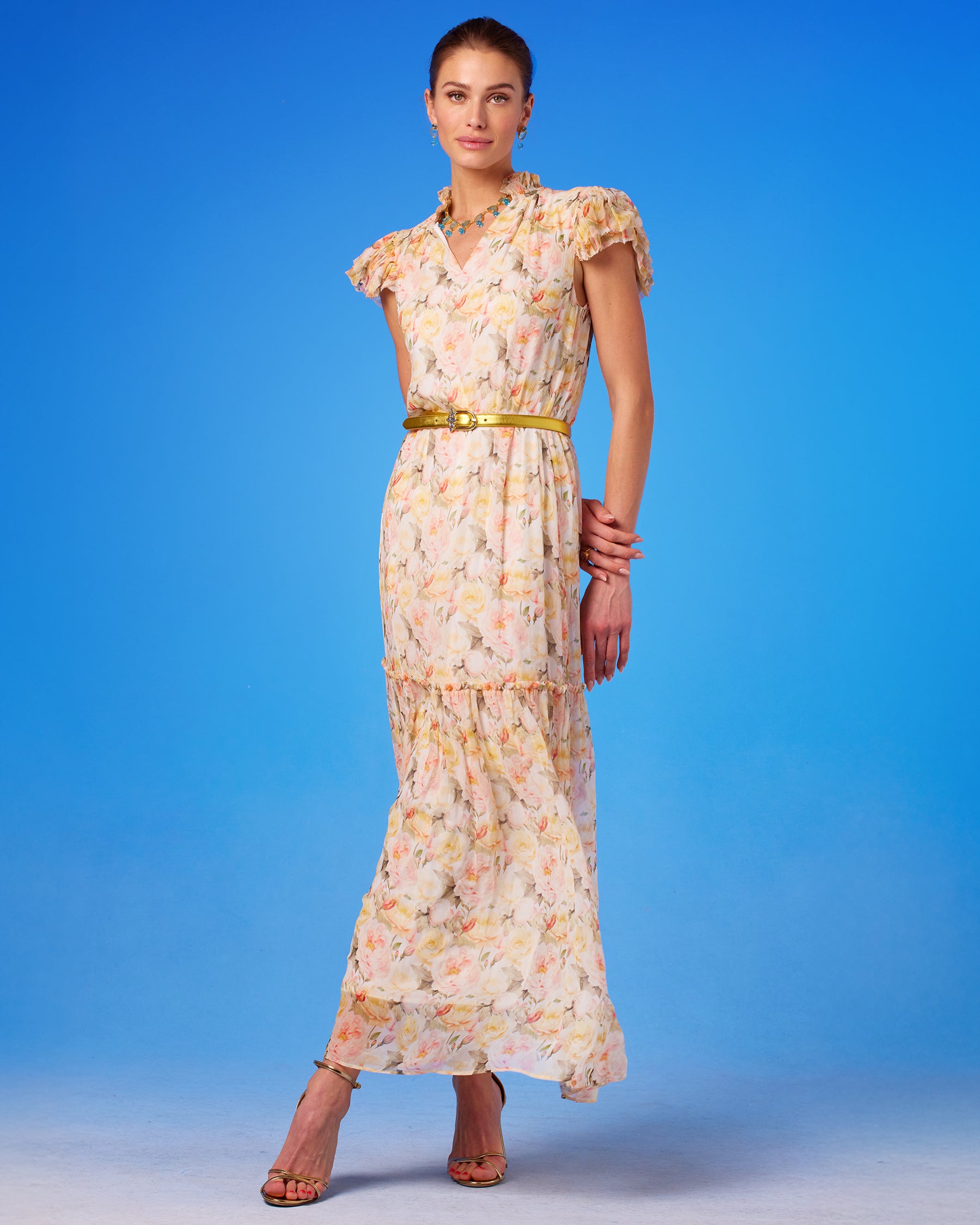 Caroline Flutter Sleeve Crinkle Chiffon Maxi Dress in Pastel Roses front view