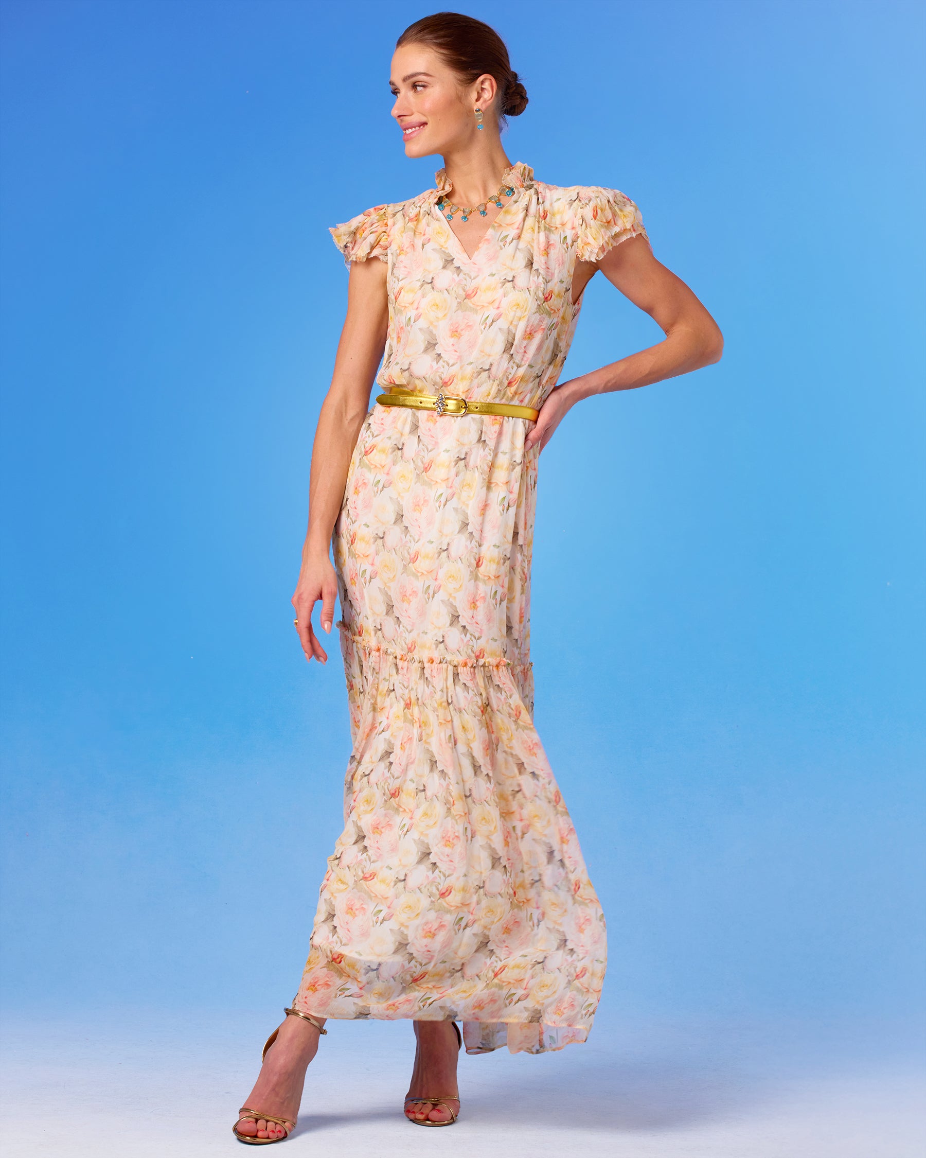 Caroline Flutter Sleeve Crinkle Chiffon Maxi Dress in Pastel Roses side view