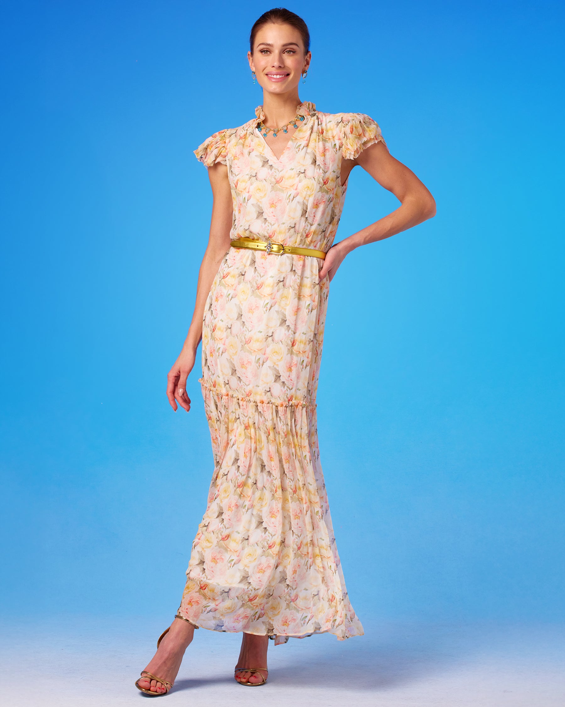 Caroline Flutter Sleeve Crinkle Chiffon Maxi Dress in Pastel Roses hand on hip