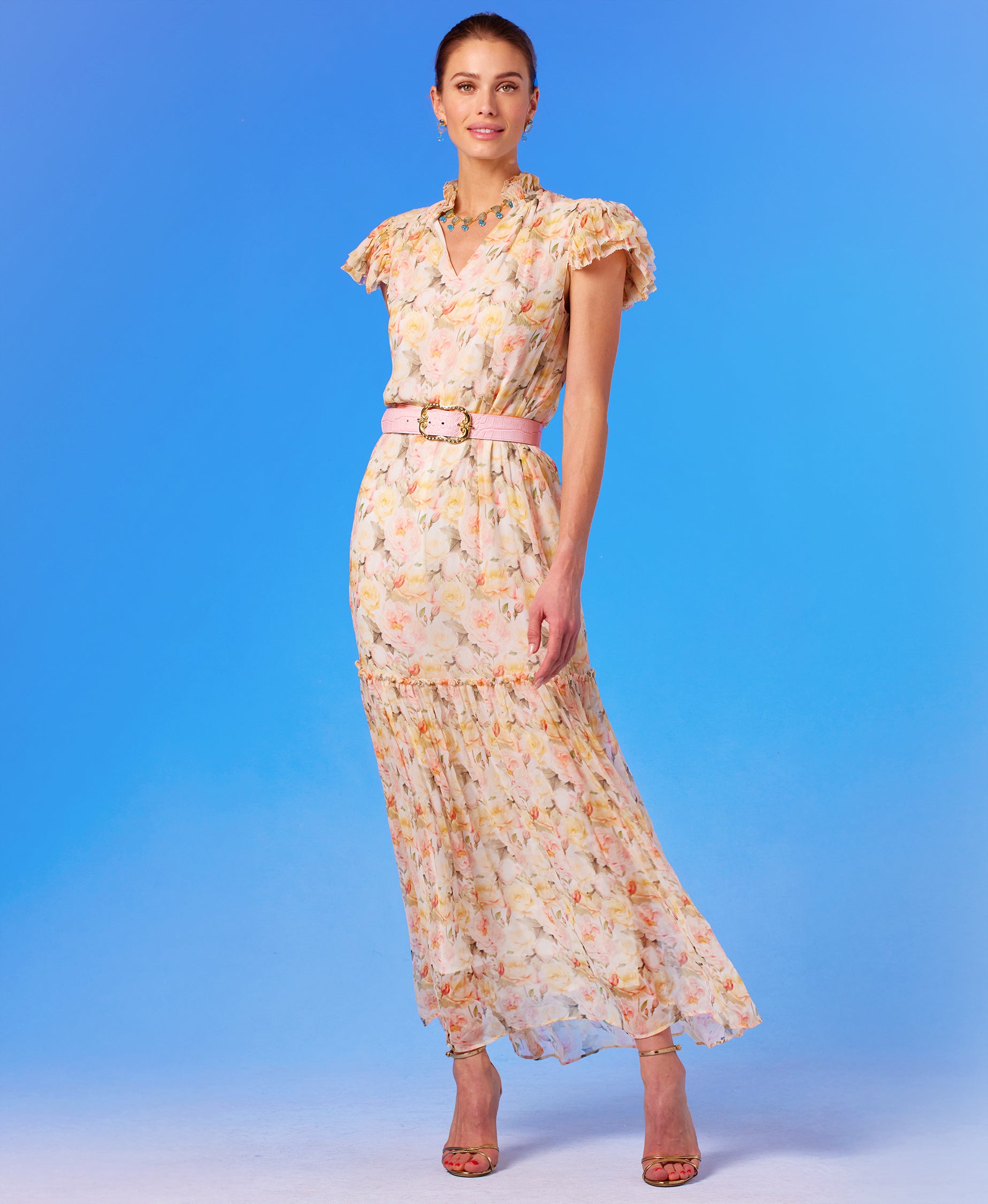 Tinsley Leather Belt in Croc-Embossed Blush Pink worn with the Caroline Flutter Sleeve Crinkle Chiffon Maxi Dress in Pastel Roses