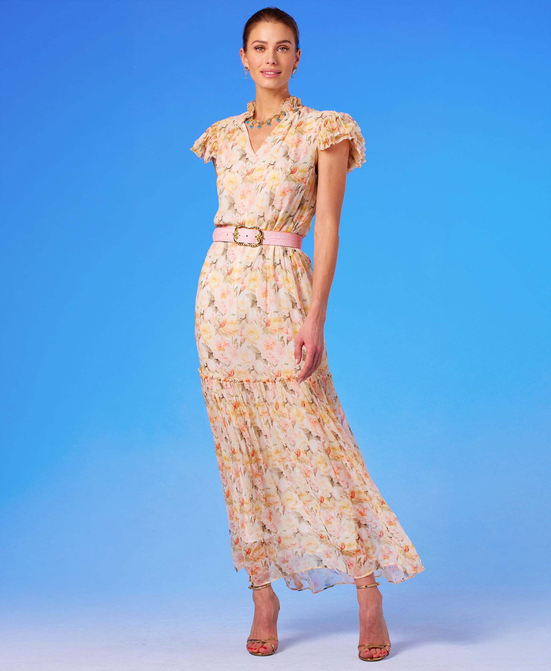 Caroline Flutter Sleeve Crinkle Chiffon Maxi Dress in Pastel Roses front view