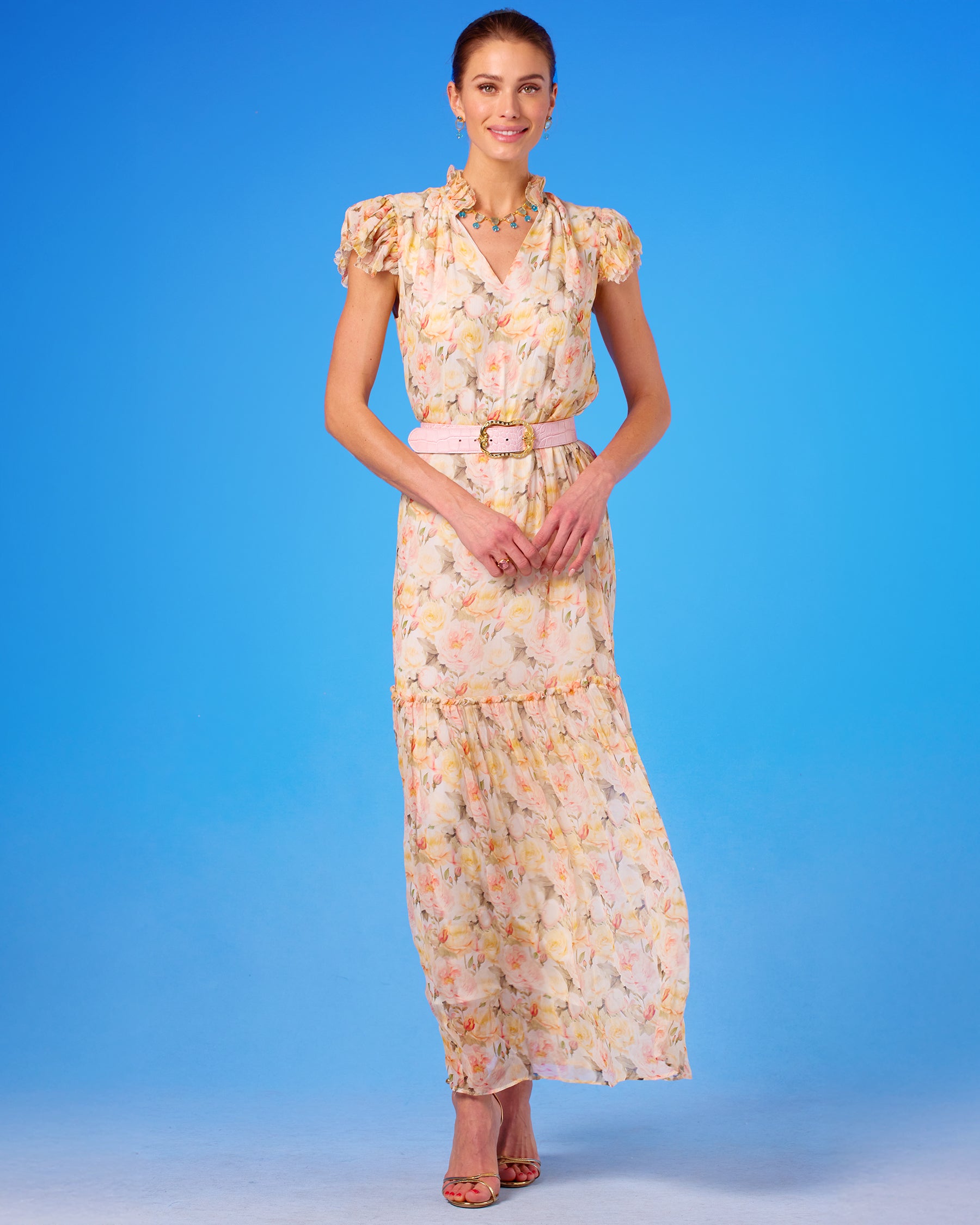 Caroline Flutter Sleeve Crinkle Chiffon Maxi Dress in Pastel Roses front view
