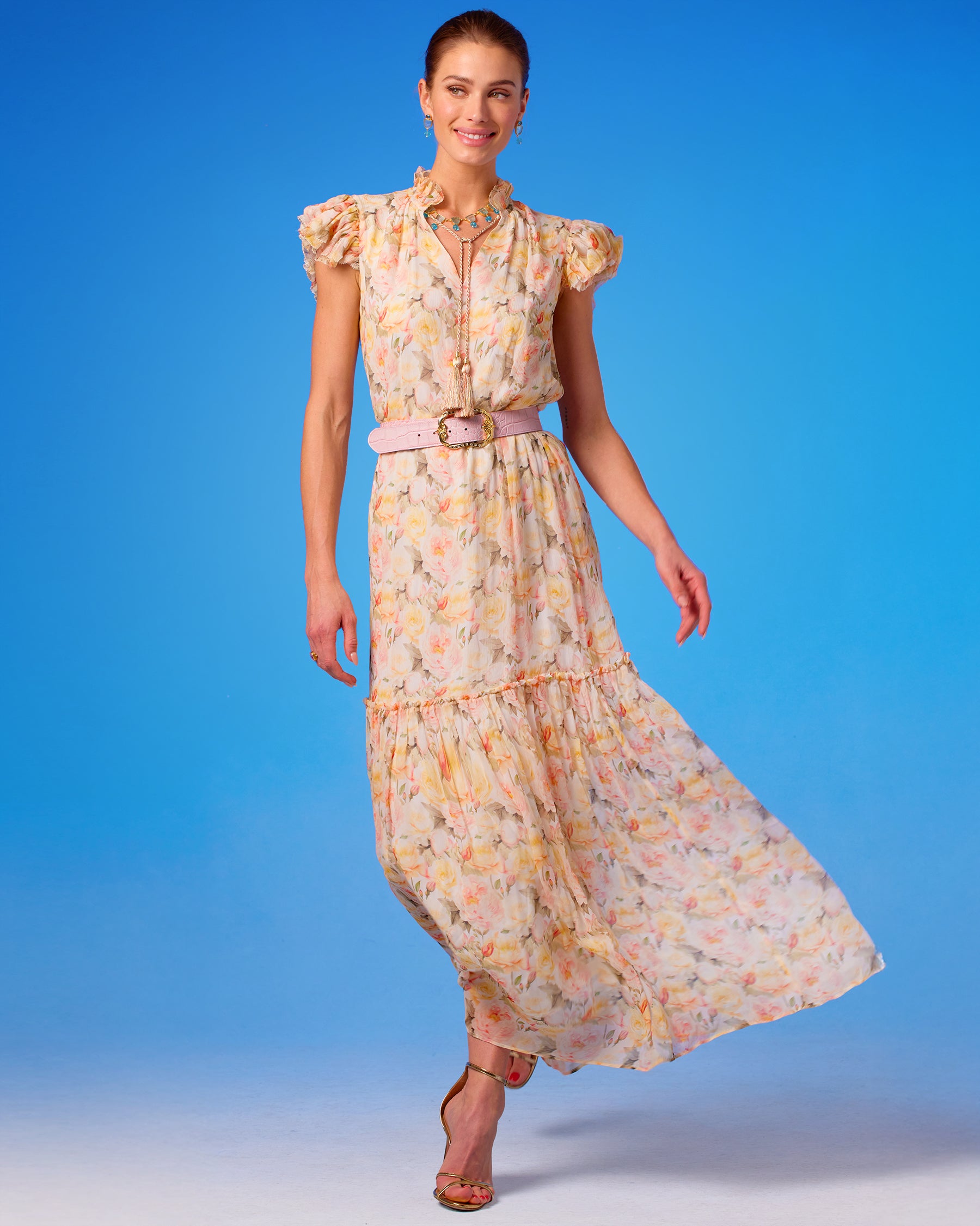 Caroline Flutter Sleeve Crinkle Chiffon Maxi Dress in Pastel Roses front view walking