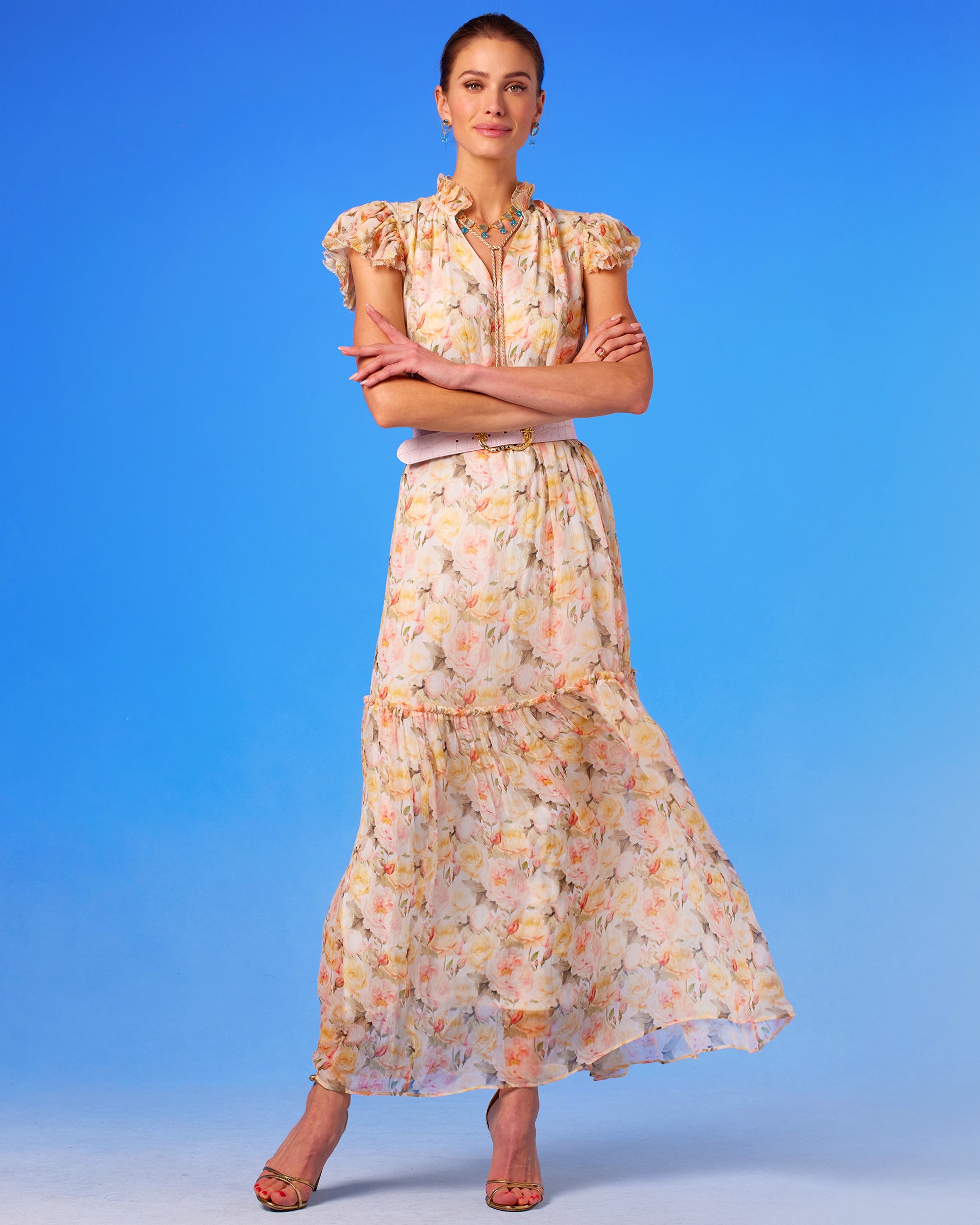 Caroline Flutter Sleeve Crinkle Chiffon Maxi Dress in Pastel Roses front view