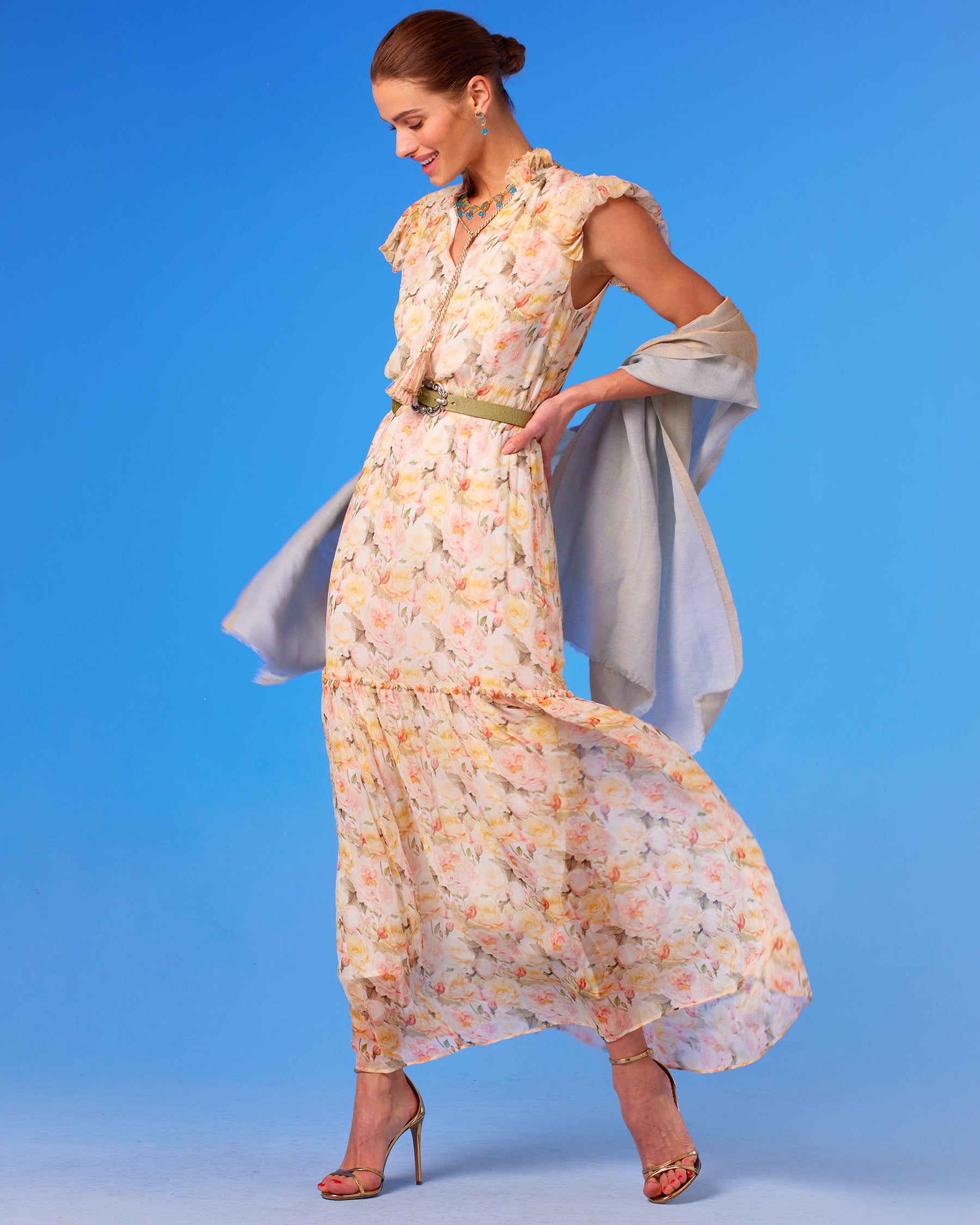Caroline Flutter Sleeve Crinkle Chiffon Maxi Dress in Pastel Roses looking down and pashmina shawl