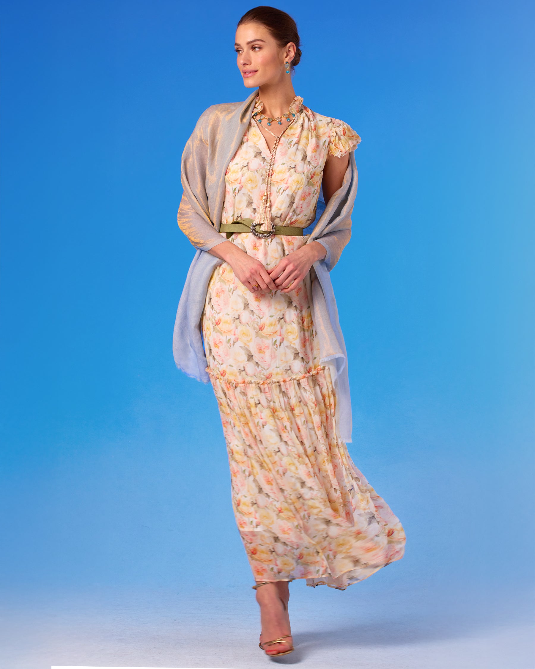 Elisa Reversible Pashmina Stole in Gold Shimmer Teal worn with the Caroline Flutter Sleeve Crinkle Chiffon Maxi Dress in Pastel Roses