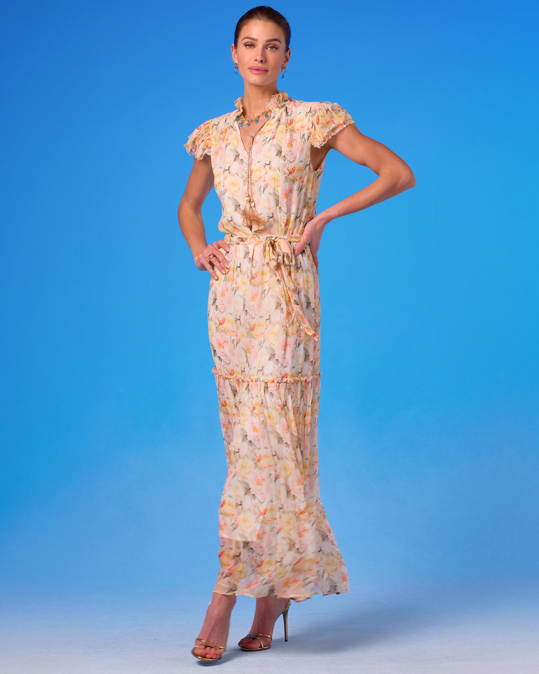 Caroline Flutter Sleeve Crinkle Chiffon Maxi Dress in Pastel Roses hands on hip