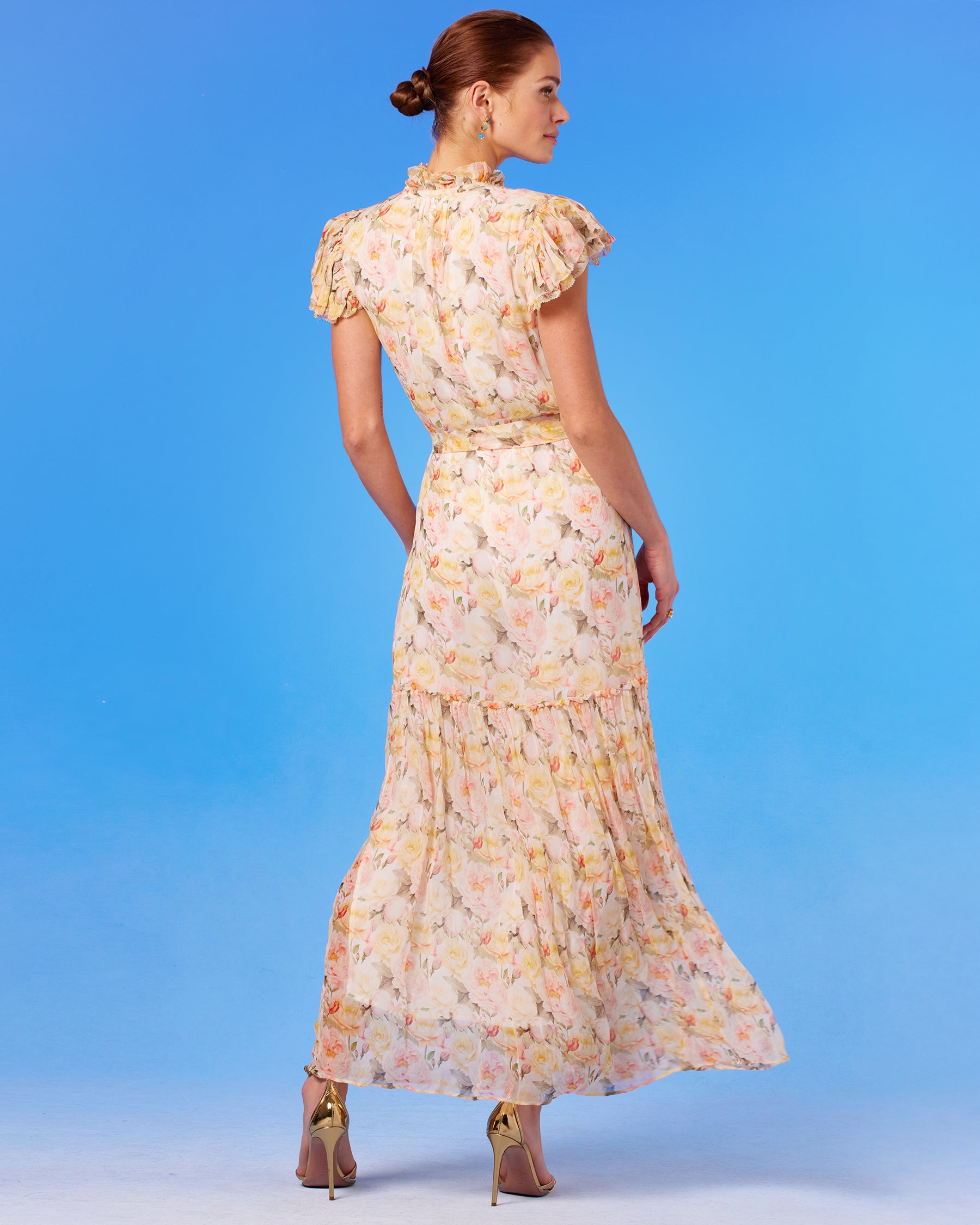 Caroline Flutter Sleeve Crinkle Chiffon Maxi Dress in Pastel Roses back view