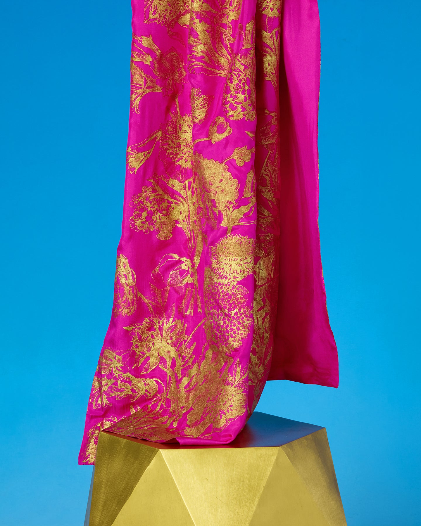 The Cassidy Silk Shawl in Fuchsia with Gold Floral Toile