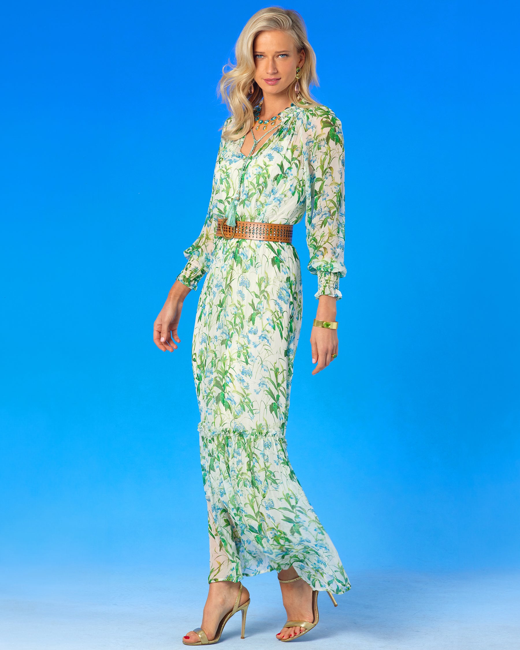 Campomaggi Malibu Pyramid Laser Cut Belt in Tan worn with the Celine Maxi Crinkle Chiffon Dress in Meadow Reverie