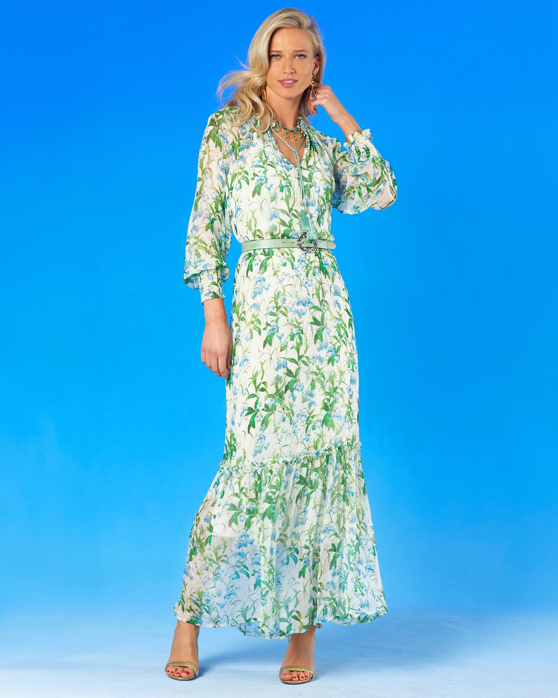 Celine Maxi Crinkle Chiffon Dress in Meadow Reverie-Full view with arm up near the face
