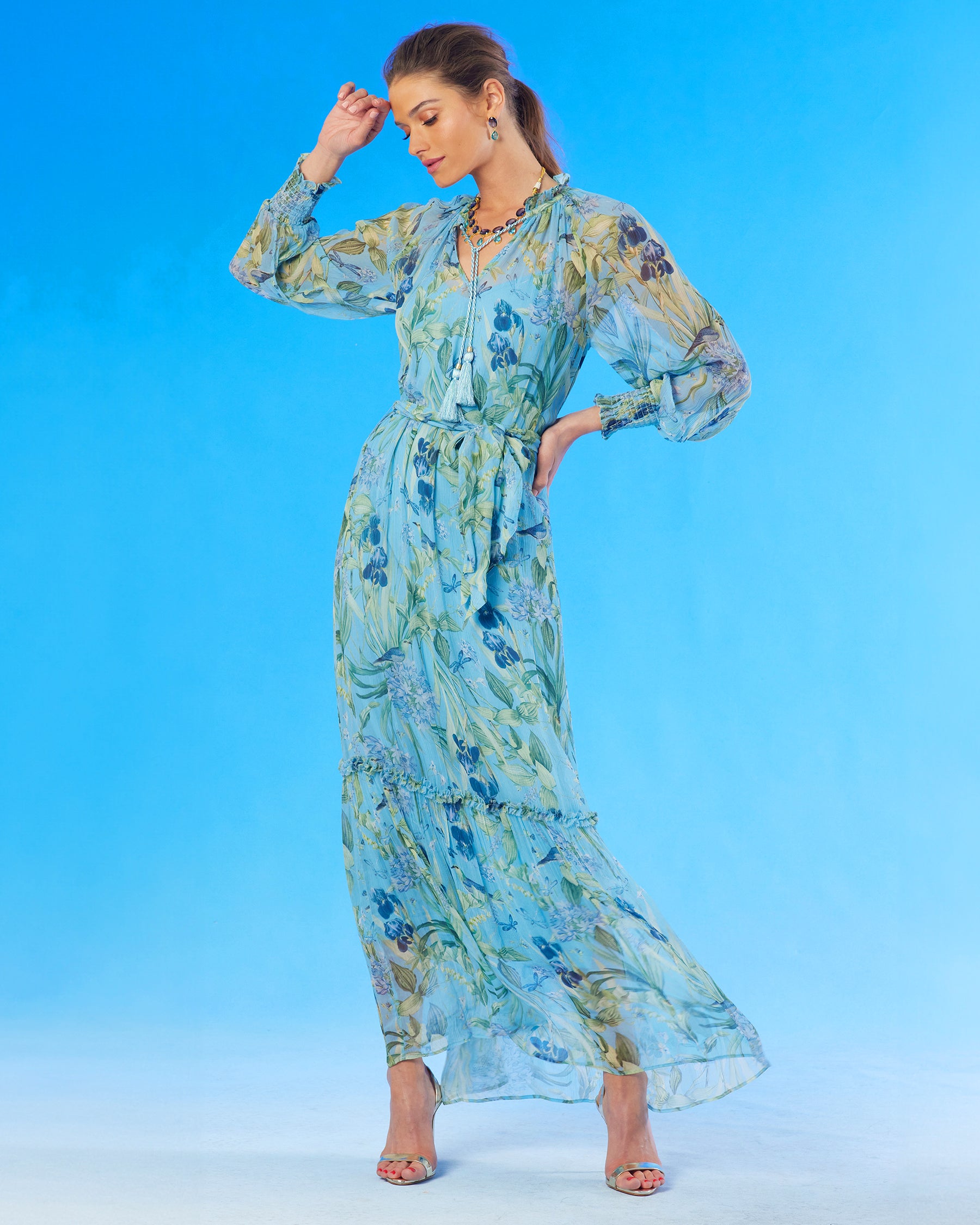 Celine Maxi Crinkle Chiffon Dress in Magical Garden-Front view with waist cinched with a self belt