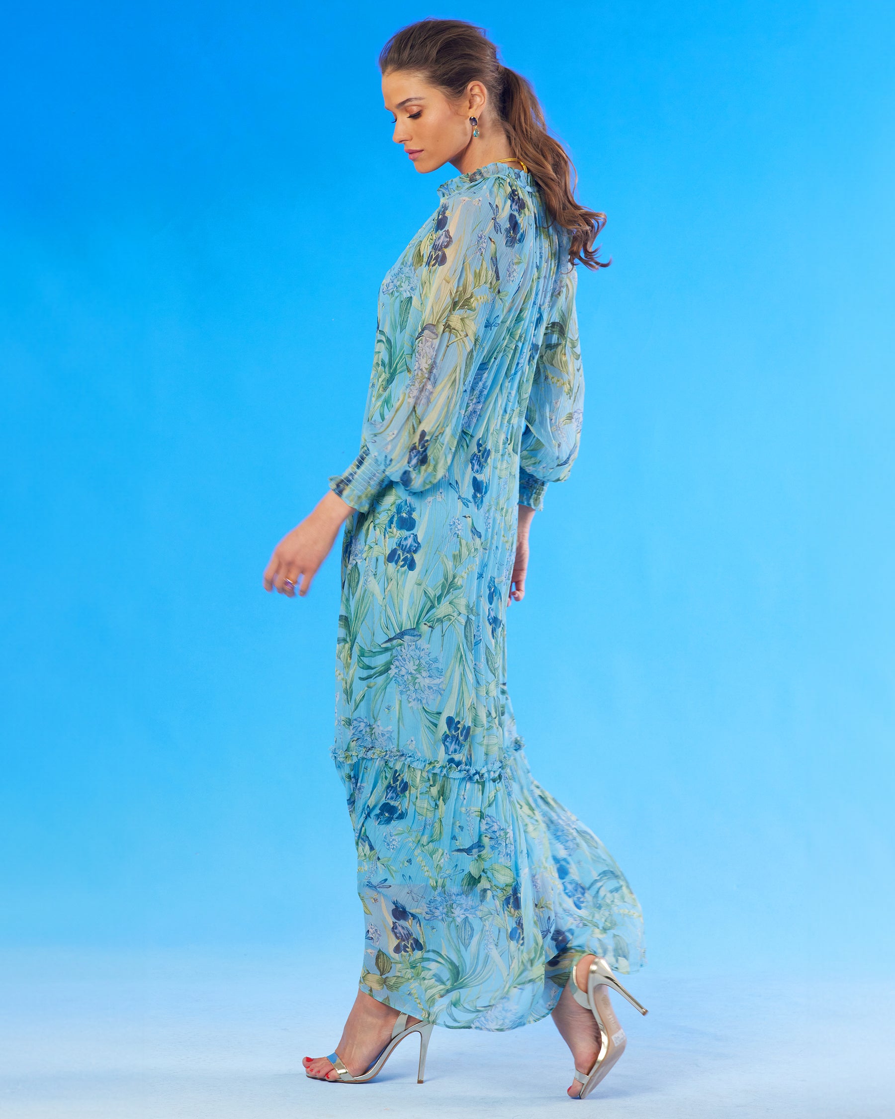 Celine Maxi Crinkle Chiffon Dress in Magical Garden-side view without any belt
