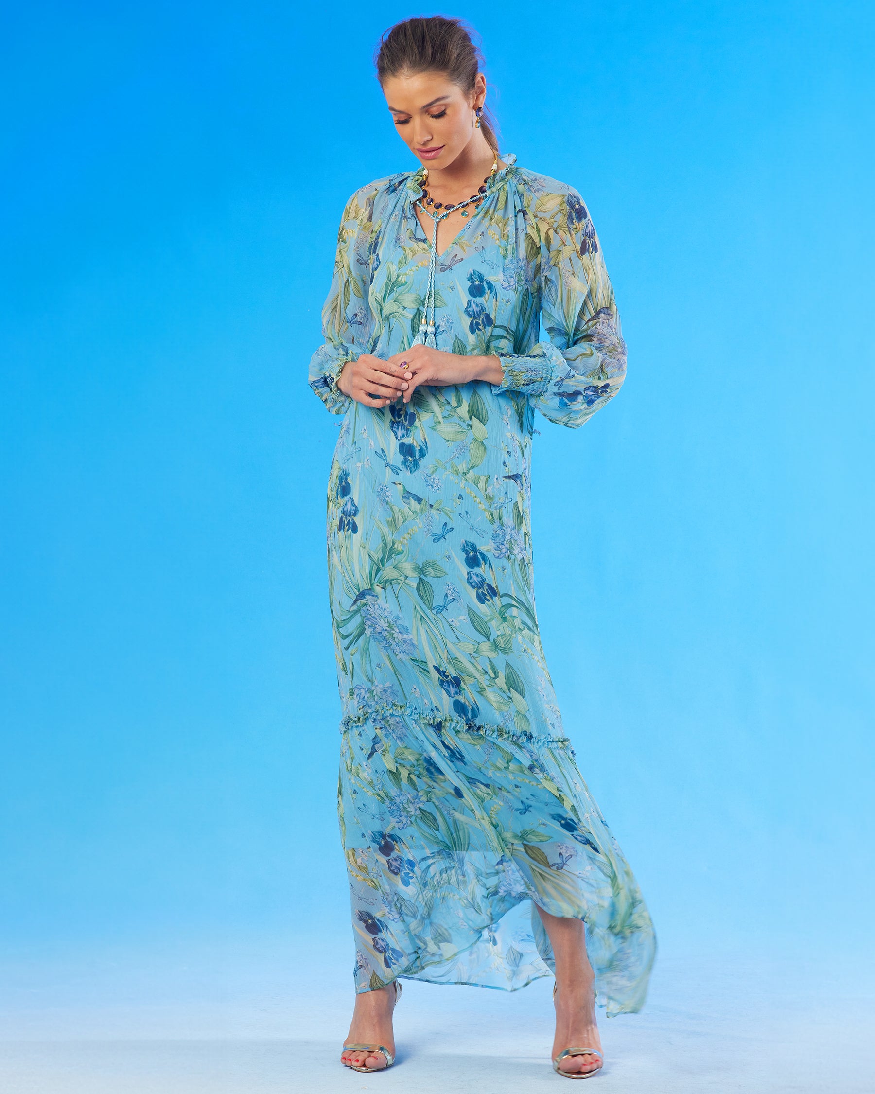 Celine Maxi Crinkle Chiffon Dress in Magical Garden-full length view with no belt
