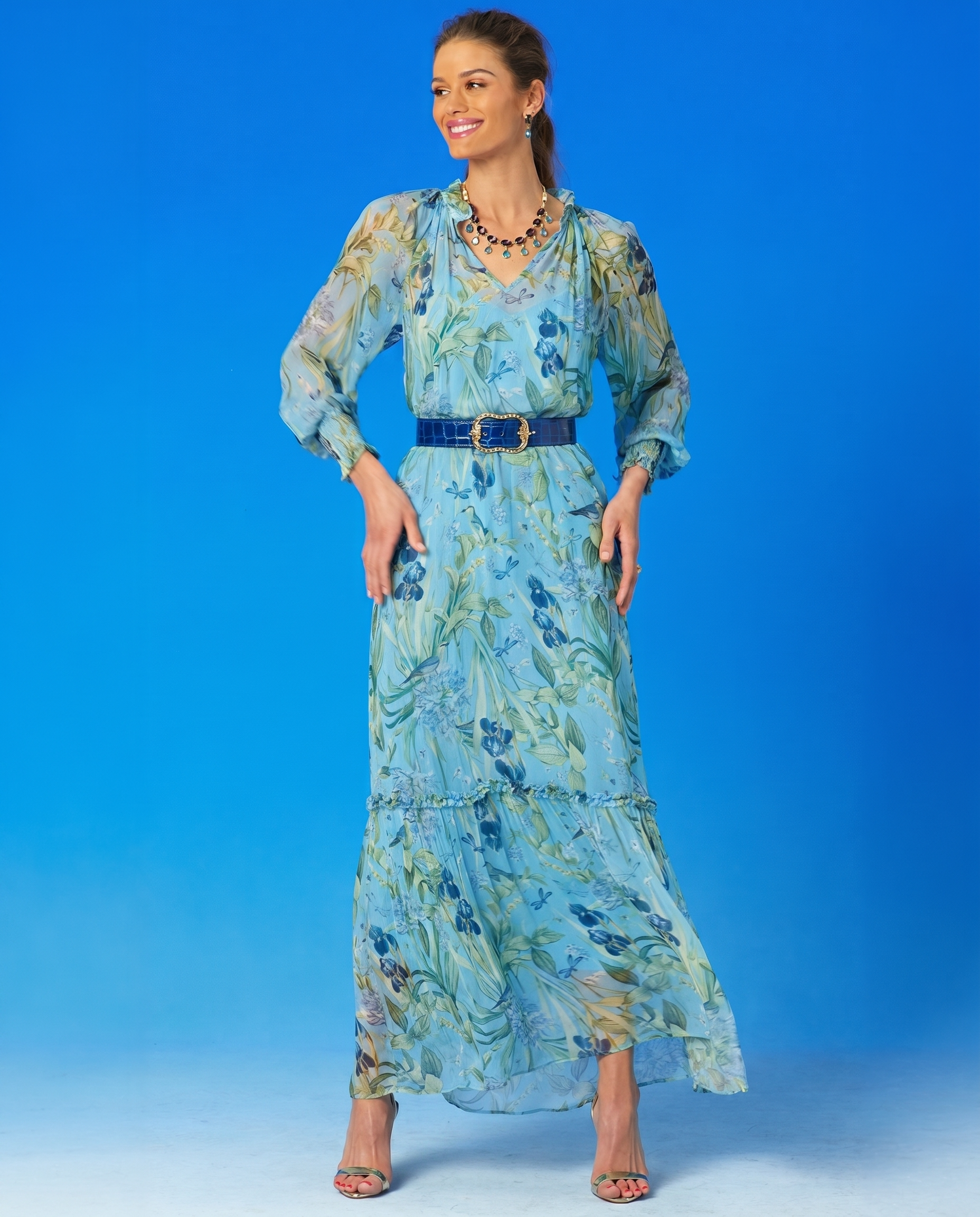 Celine Maxi Crinkle Chiffon Dress in Magical Garden with the Tinsley Belt